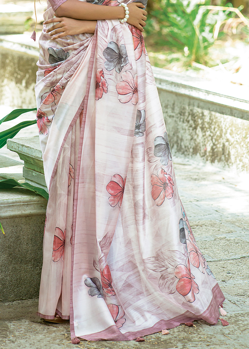 Pearl White Floral Printed Silk Saree - qivii