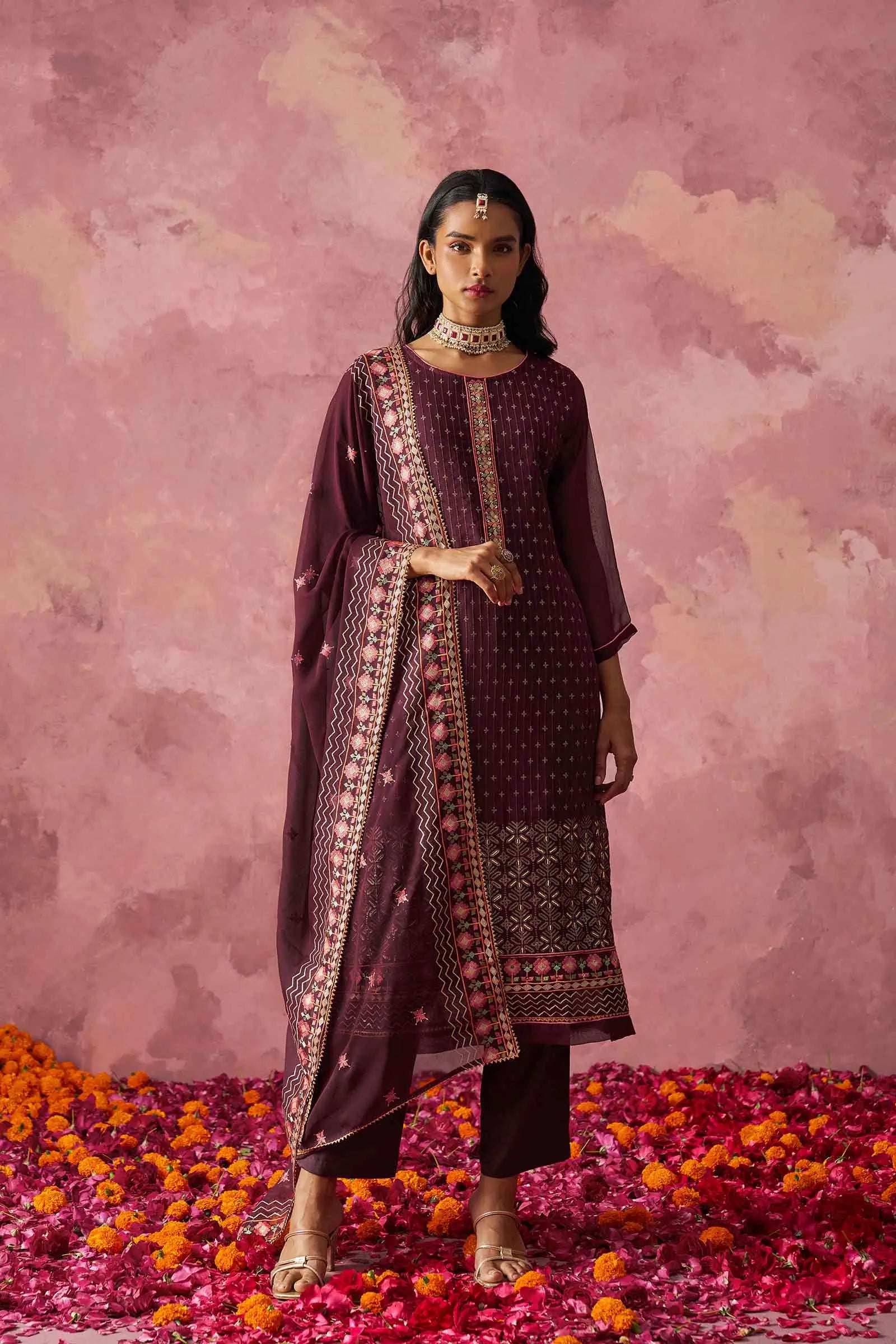 Wine Straight Fancy Embroidery Work Kurta Set With Dupatta - qivii