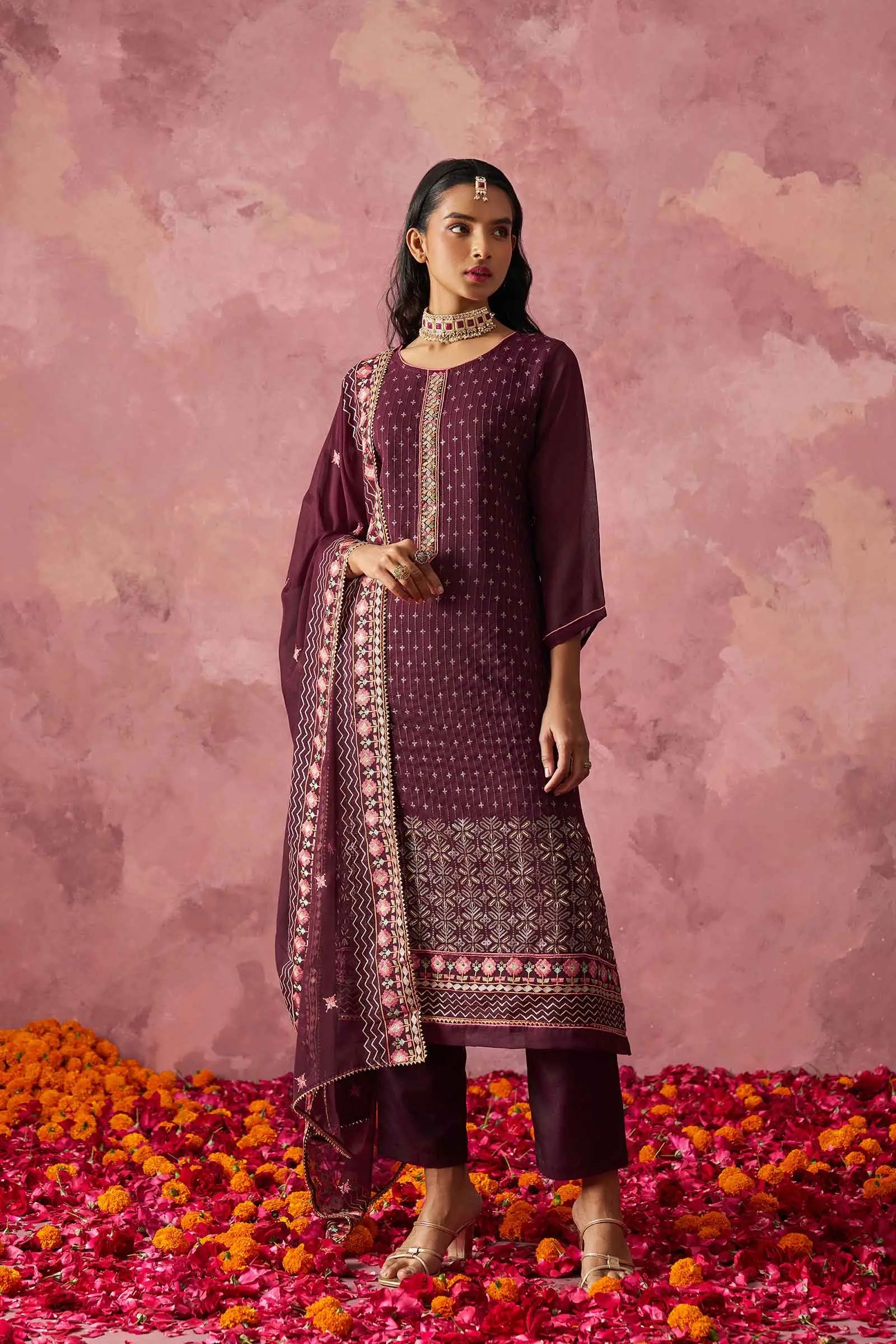 Wine Straight Fancy Embroidery Work Kurta Set With Dupatta - qivii