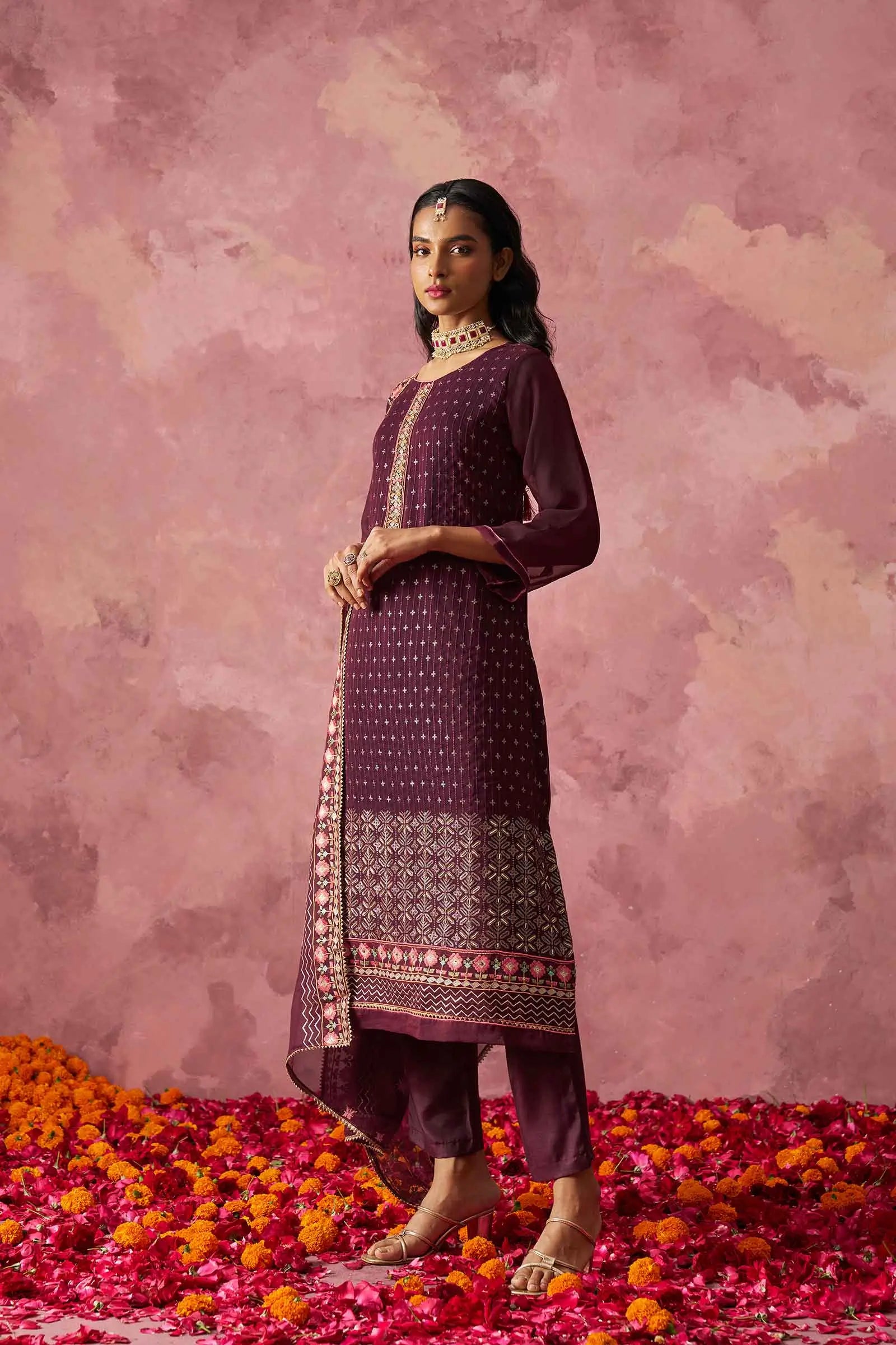Wine Straight Fancy Embroidery Work Kurta Set With Dupatta
