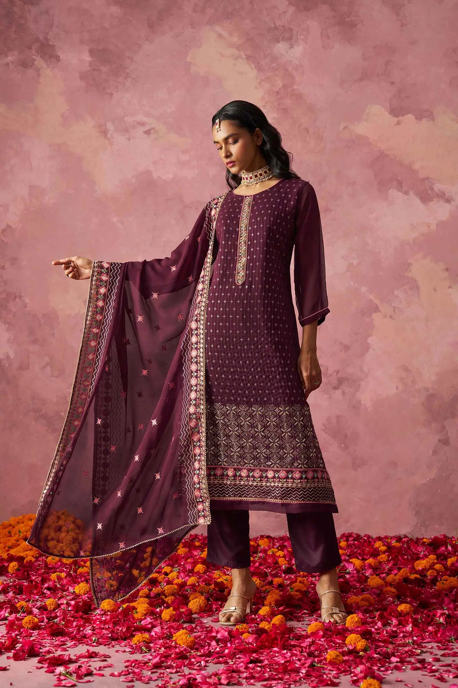 Wine Straight Fancy Embroidery Work Kurta Set With Dupatta - qivii