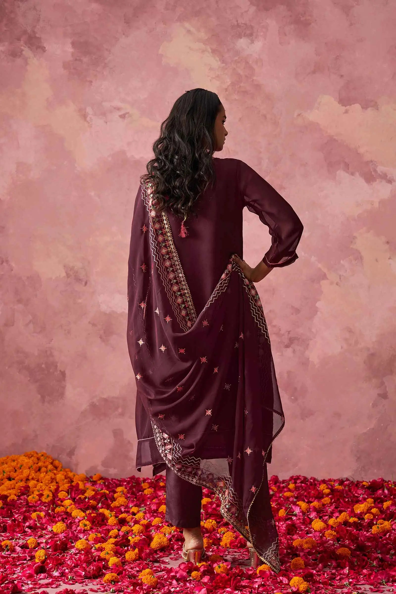 Wine Straight Fancy Embroidery Work Kurta Set With Dupatta