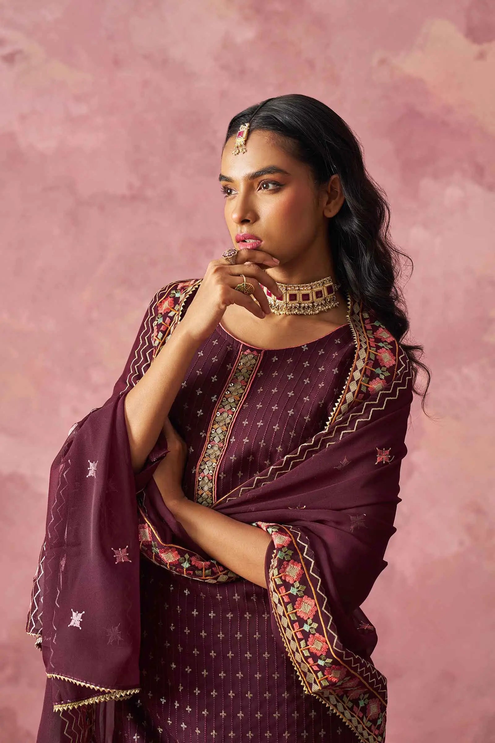 Wine Straight Fancy Embroidery Work Kurta Set With Dupatta - qivii