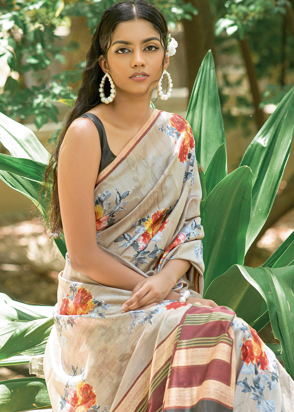 Greyish Brown Floral Printed Silk Saree - qivii