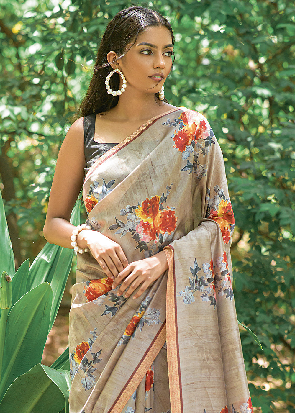 Greyish Brown Floral Printed Silk Saree - qivii
