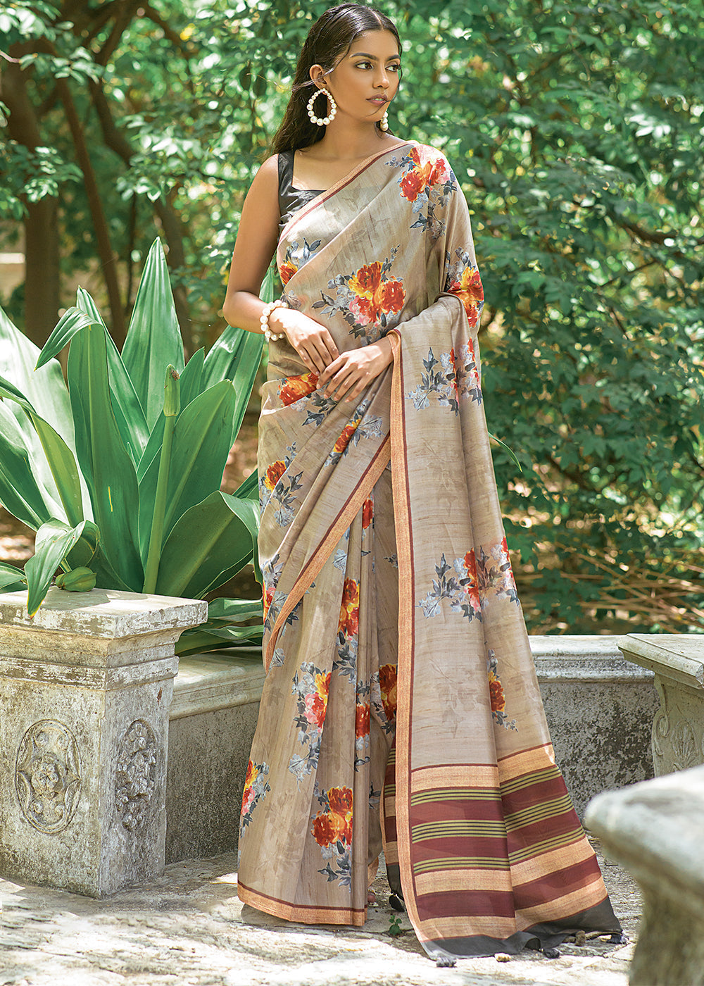 Greyish Brown Floral Printed Silk Saree - qivii