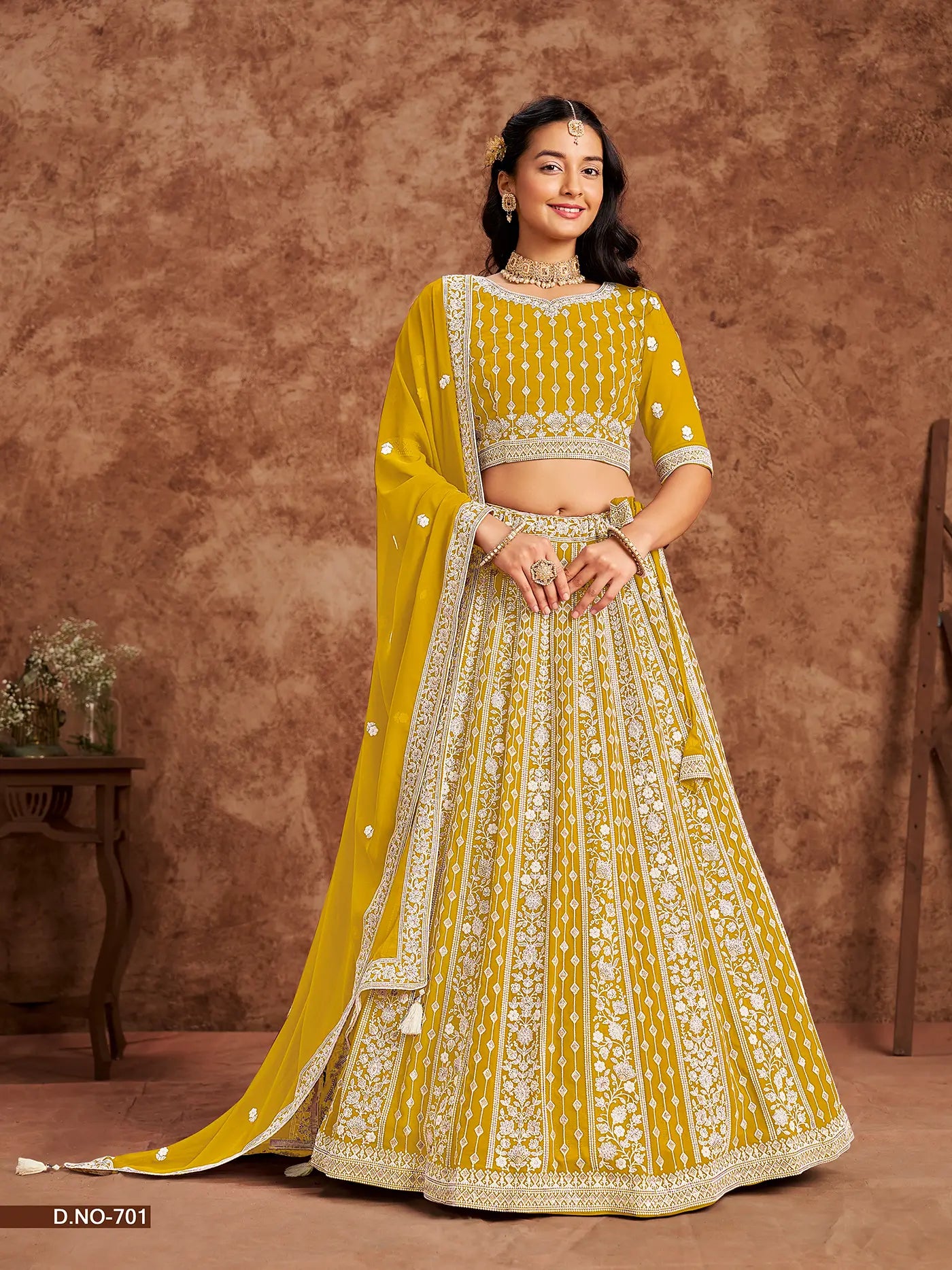 Yellow Designer Faux Georgette Lehenga Choli With Thread And Sequins Work | Ready To Wear - qivii