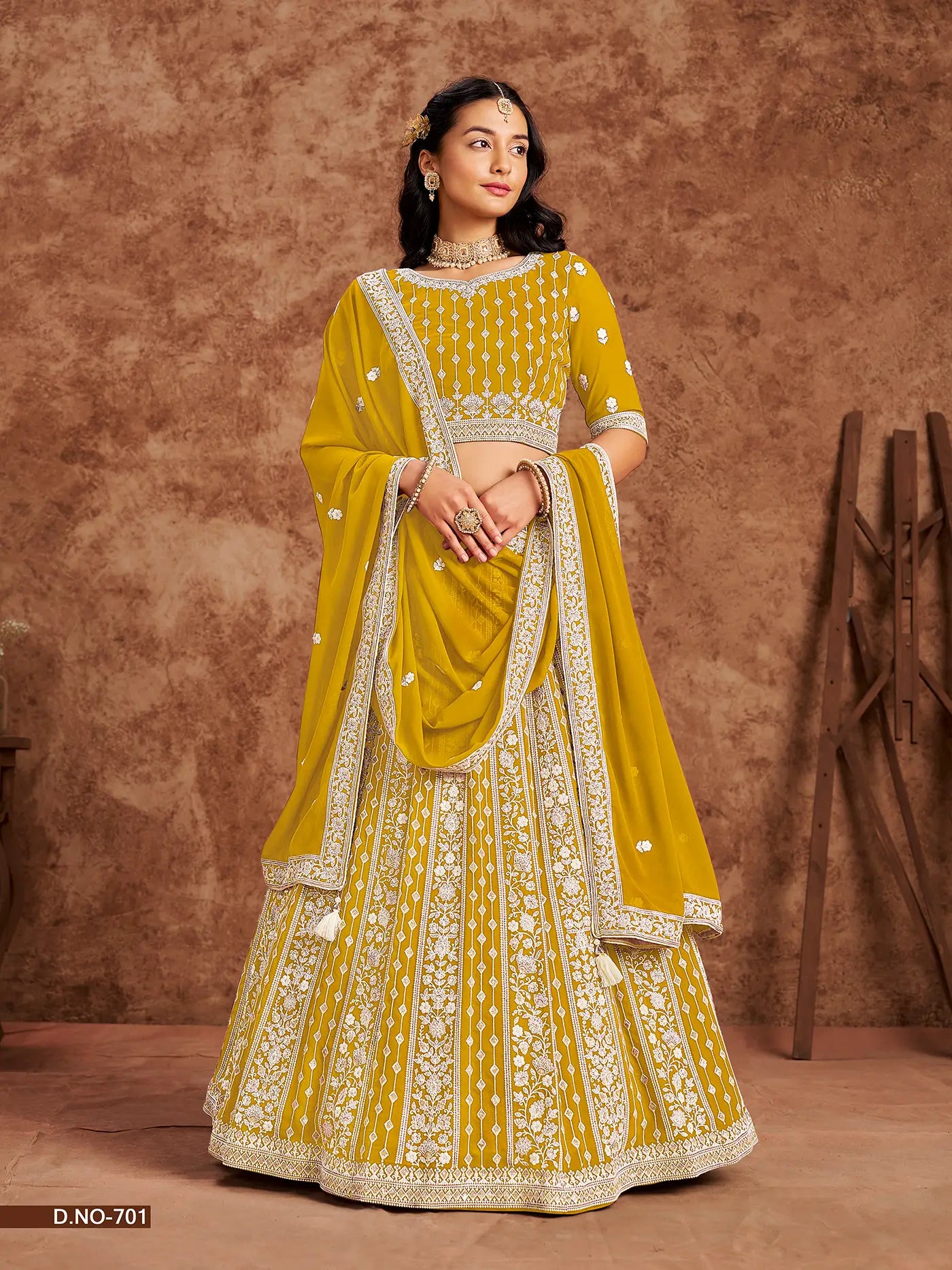 Yellow Designer Faux Georgette Lehenga Choli With Thread And Sequins Work | Ready To Wear - qivii