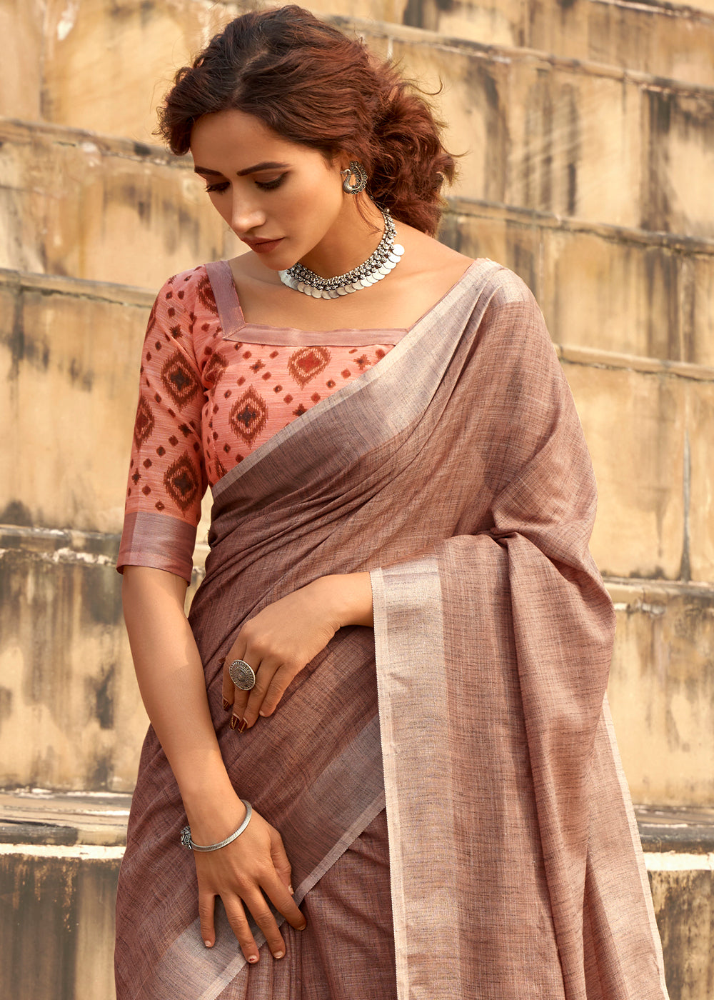 Tawny Brown Soft Linen Silk Saree with Khadi Print and Tassels on Pallu - qivii