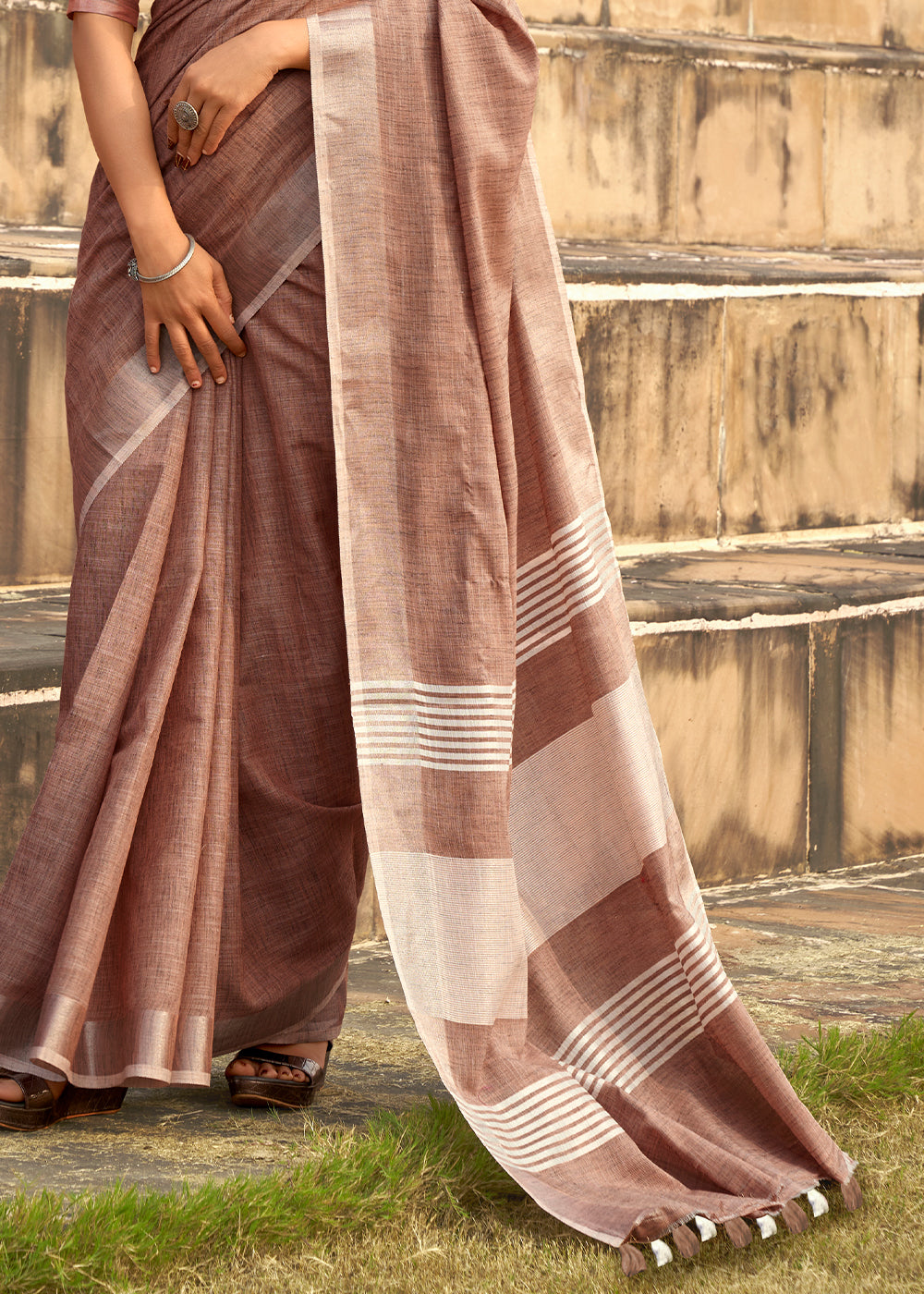 Tawny Brown Soft Linen Silk Saree with Khadi Print and Tassels on Pallu - qivii