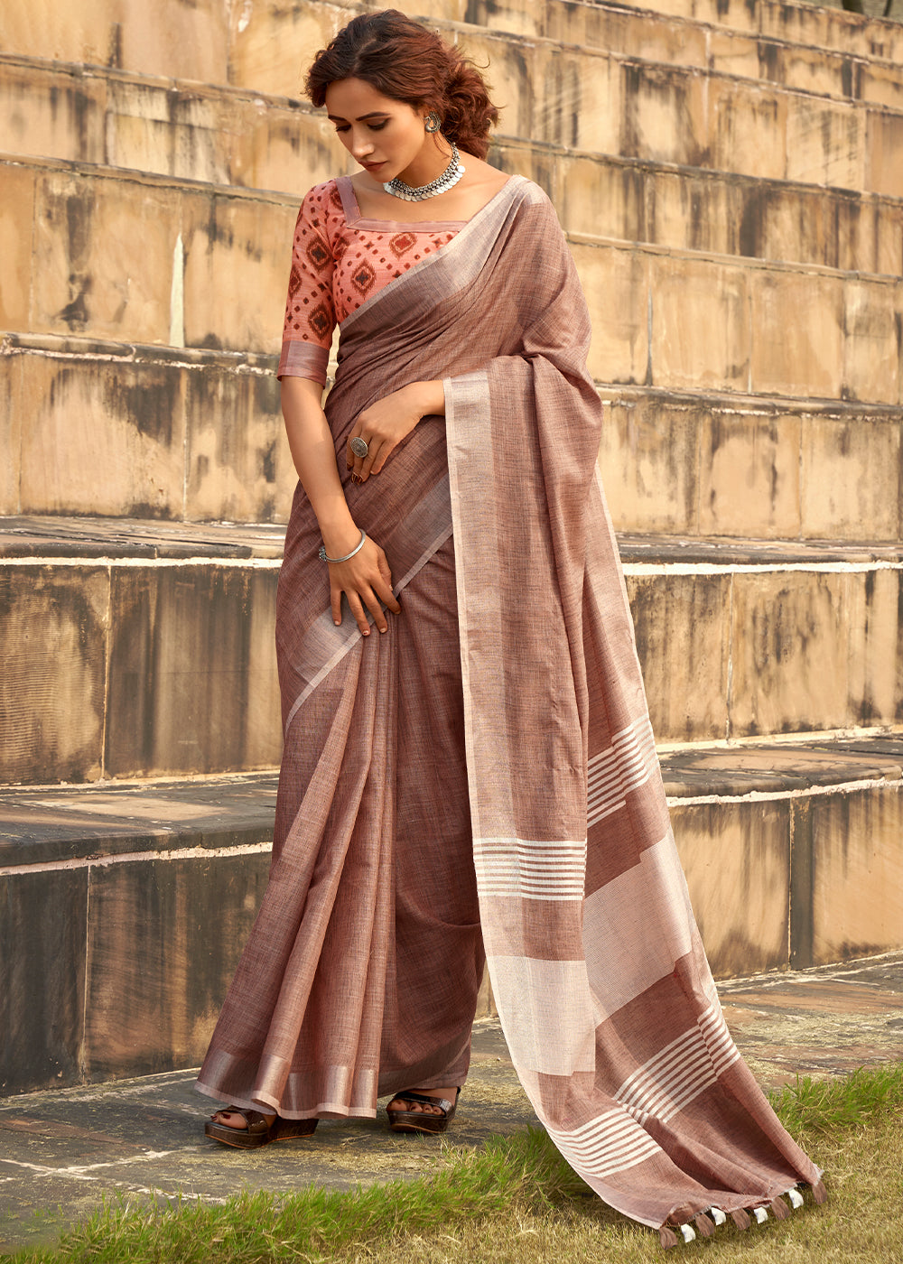 Tawny Brown Soft Linen Silk Saree with Khadi Print and Tassels on Pallu - qivii