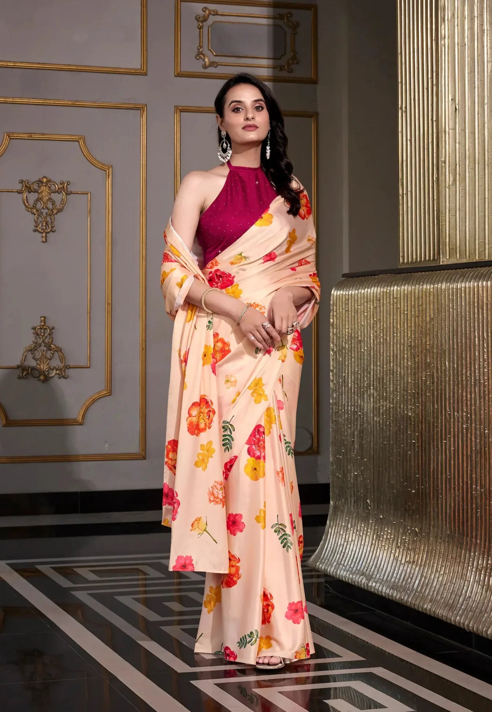 Beige Satin Silk Floral Printed Saree - qivii