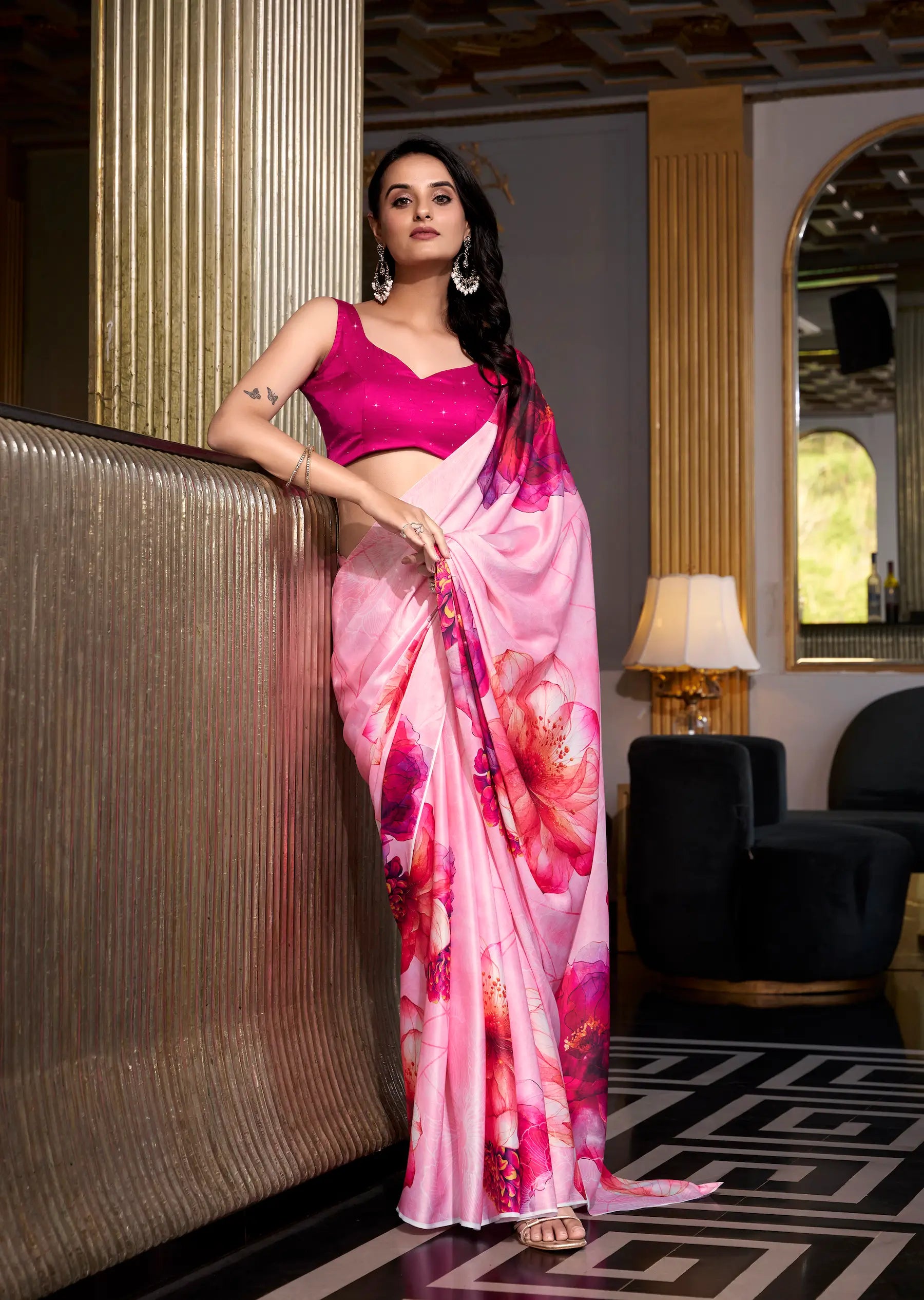 Pink Satin Silk Floral Printed Saree - qivii