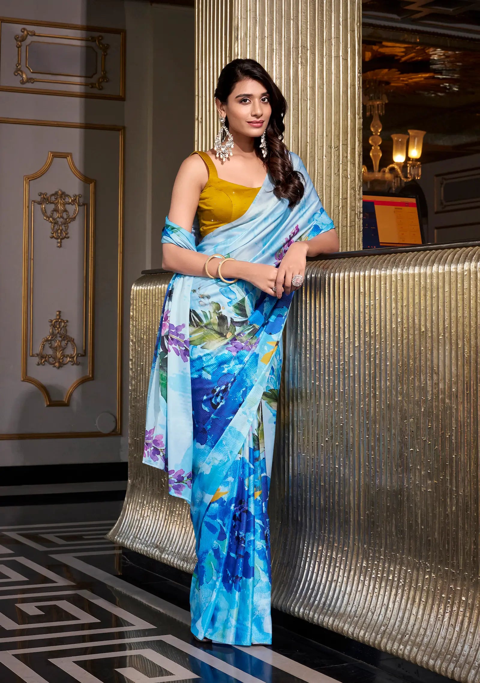 Blue Satin Silk Floral Printed Saree - qivii
