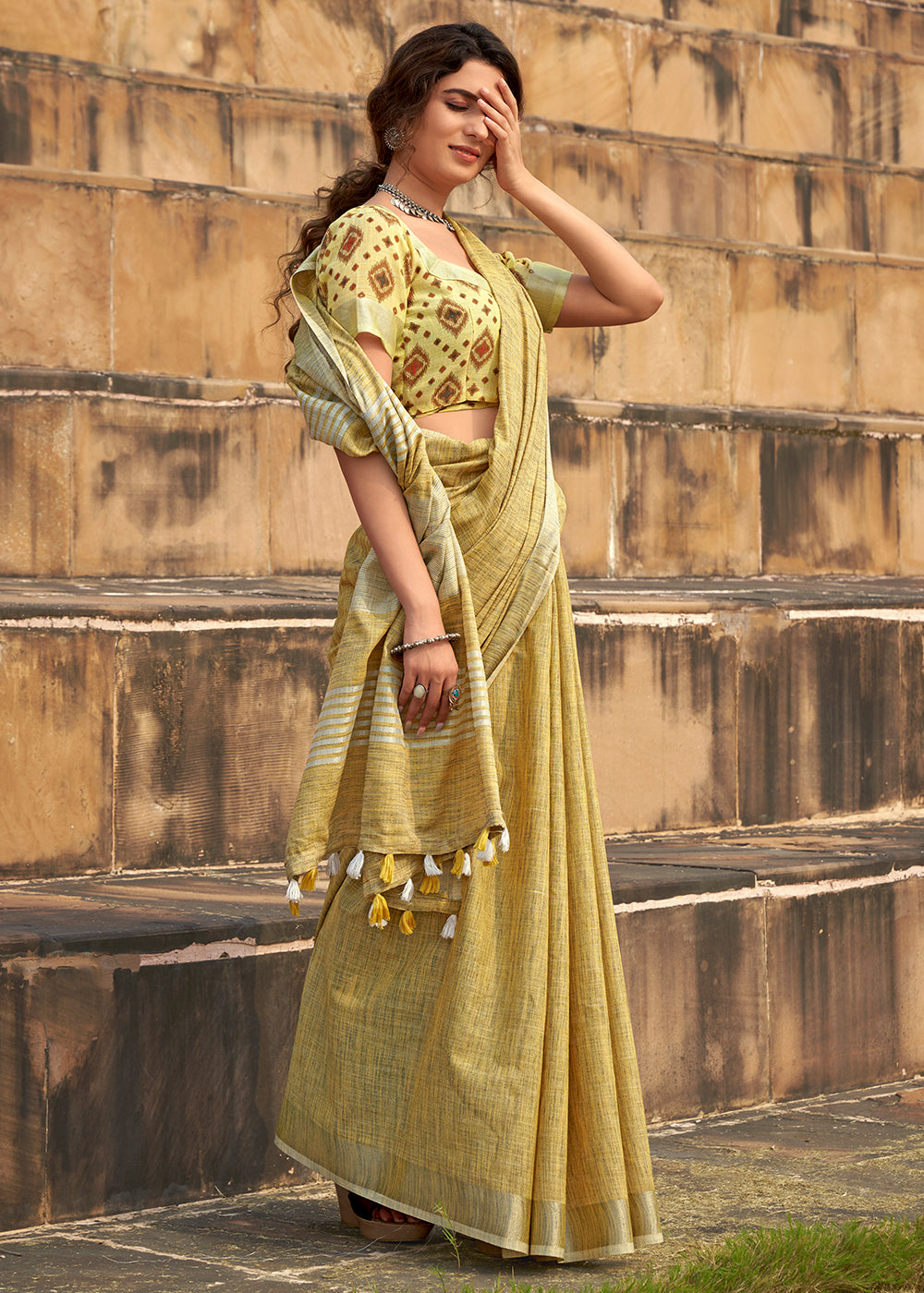 Royal Yellow Soft Linen Silk Saree with Khadi Print and Tassels on Pallu - qivii