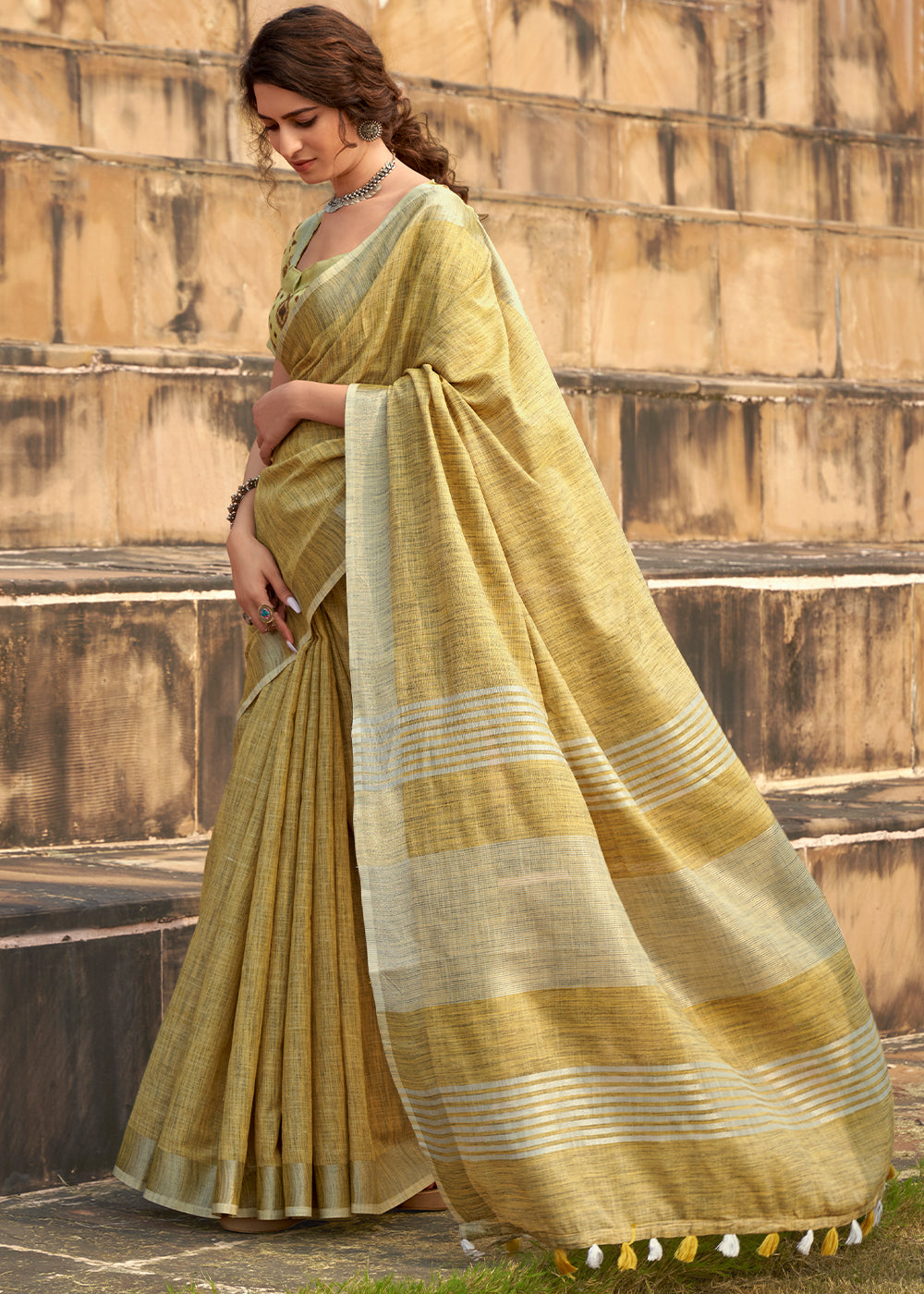 Royal Yellow Soft Linen Silk Saree with Khadi Print and Tassels on Pallu - qivii