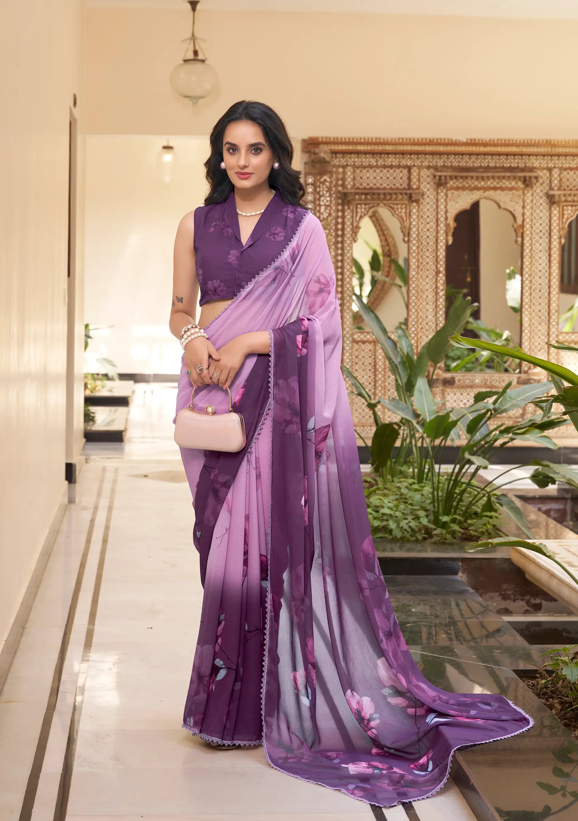 Purple Weightless Marbal Saree With Floral Print & Lace Border - qivii