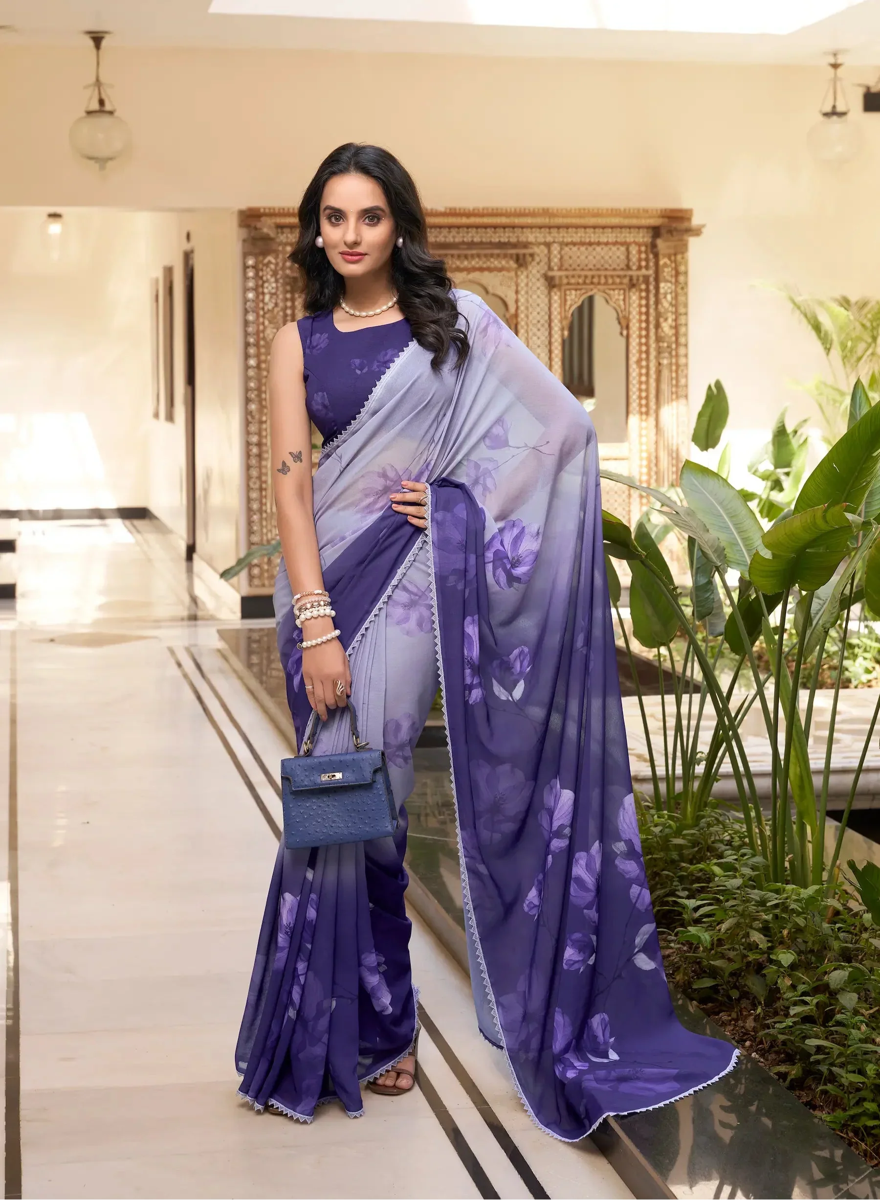 Blue Weightless Marbal Saree With Floral Print & Lace Border - qivii