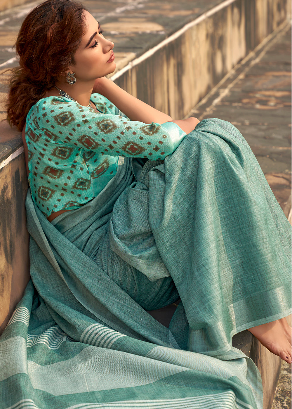 Teal Blue Soft Linen Silk Saree with Khadi Print and Tassels on Pallu - qivii
