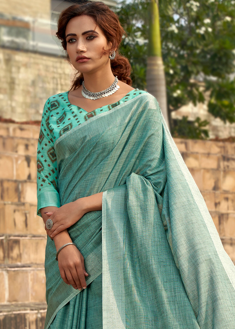 Teal Blue Soft Linen Silk Saree with Khadi Print and Tassels on Pallu - qivii
