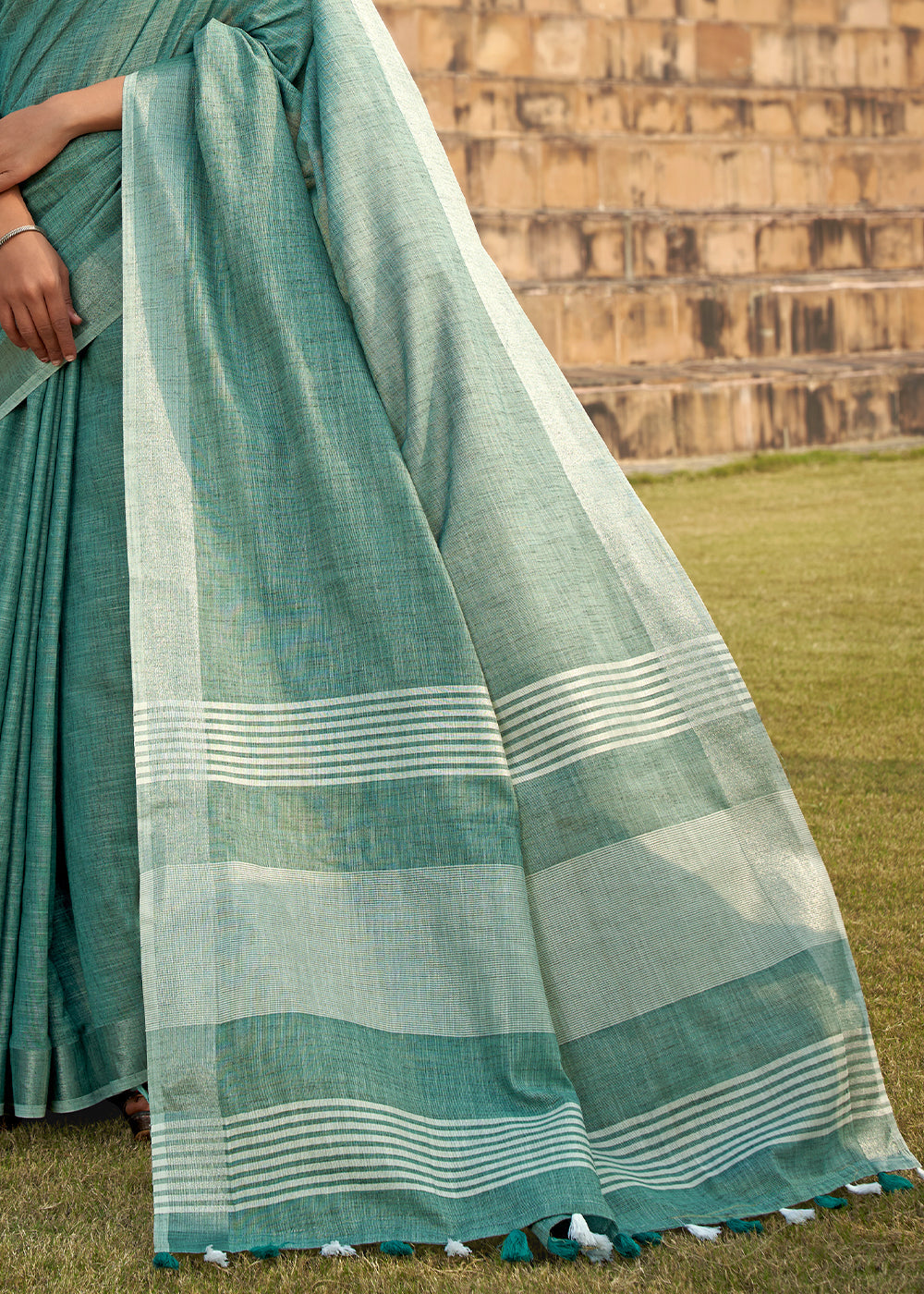 Teal Blue Soft Linen Silk Saree with Khadi Print and Tassels on Pallu - qivii