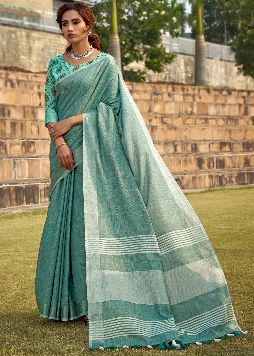 Teal Blue Soft Linen Silk Saree with Khadi Print and Tassels on Pallu - qivii