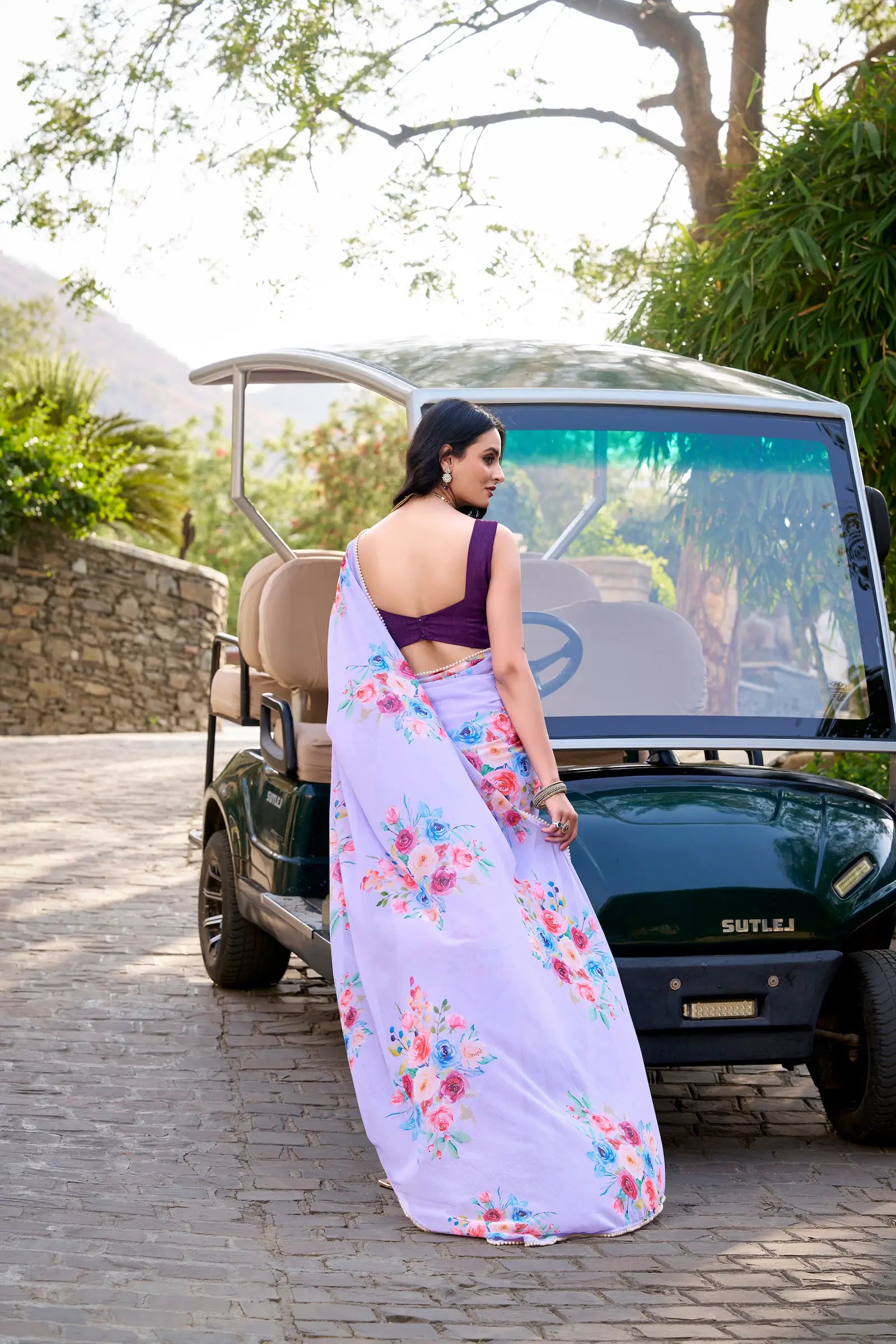 Lavender Weightless Marbal Saree With Floral Print & Lace Border