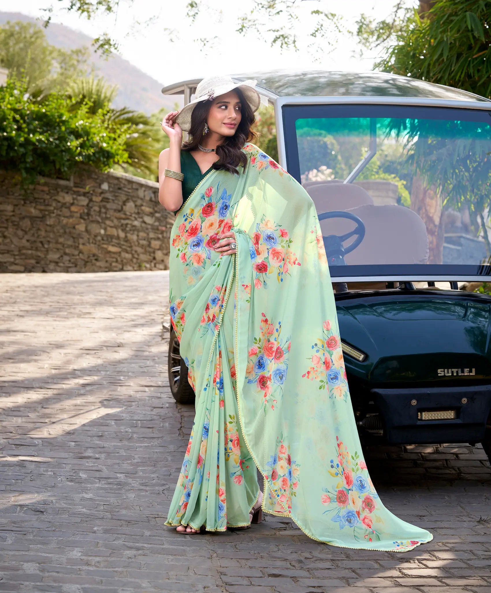 Pista Green Weightless Marbal Saree With Floral Print & Lace Border - qivii