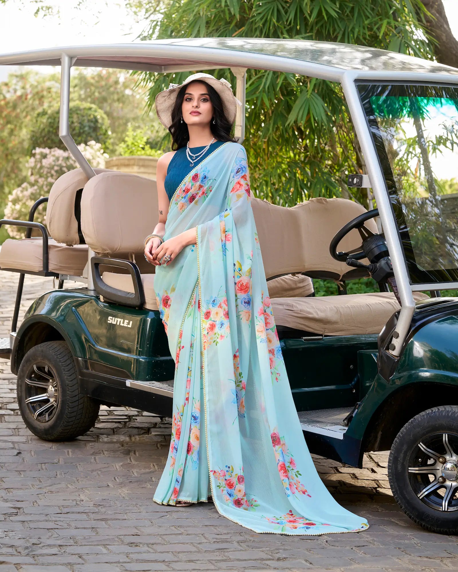 Sea Blue Weightless Marbal Saree With Floral Print & Lace Border - qivii