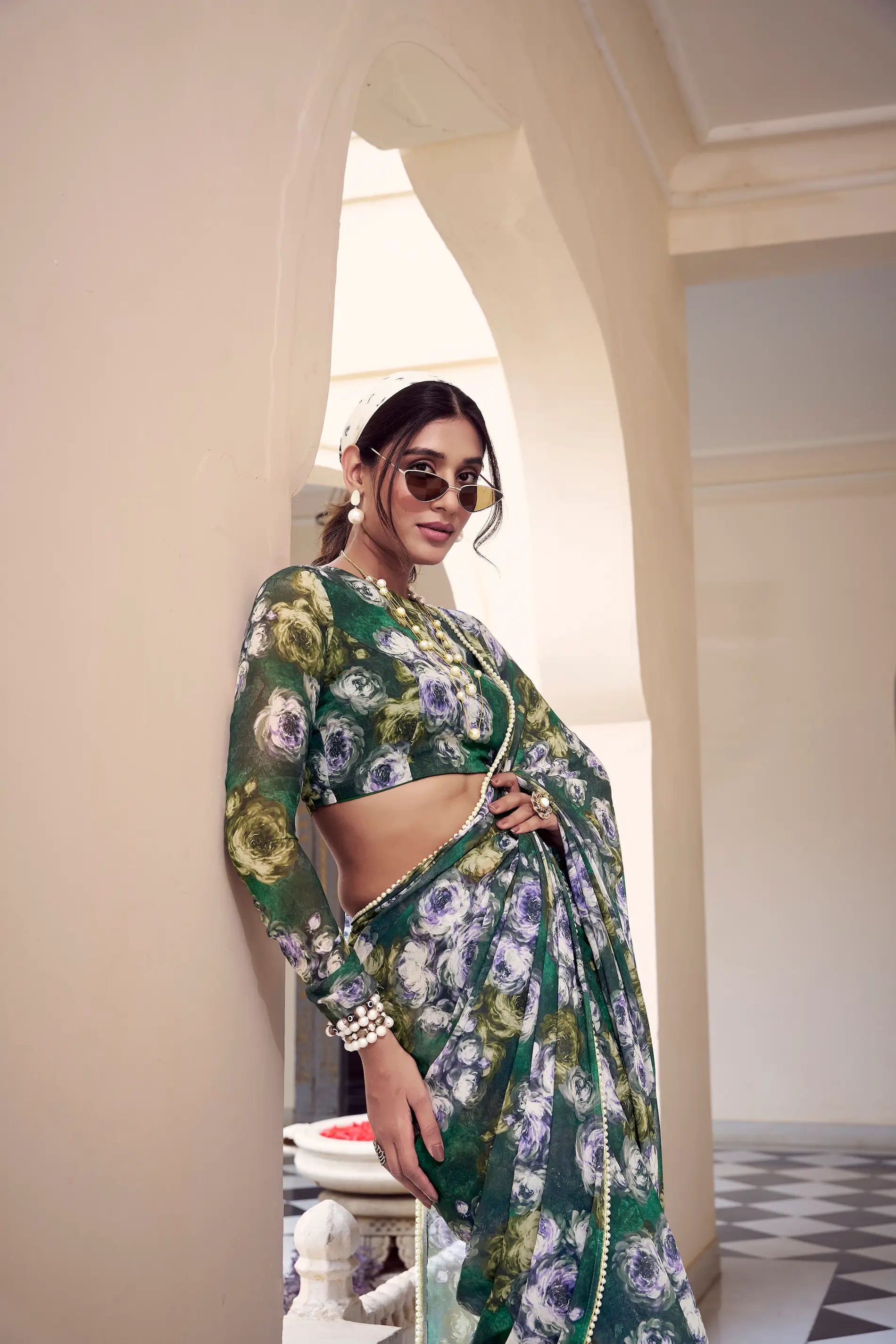 Green Weightless Marbal Saree With Pearl Lace Border & Floral Print