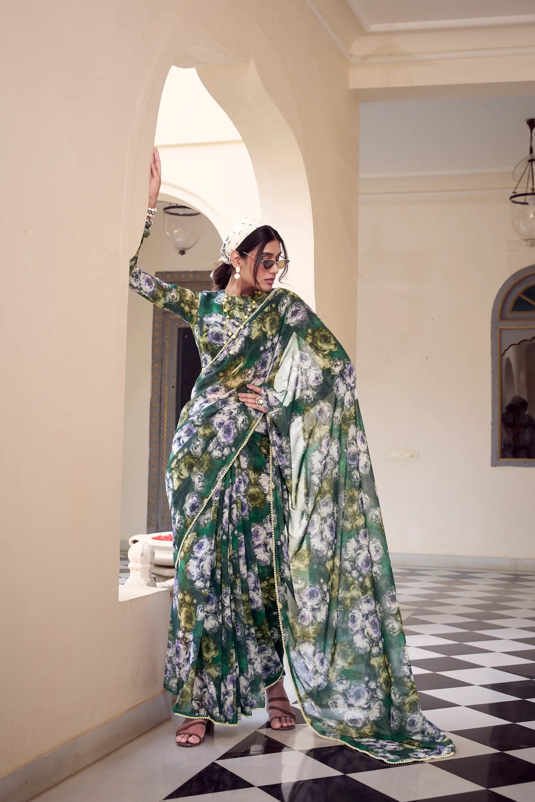 Green Weightless Marbal Saree With Pearl Lace Border & Floral Print