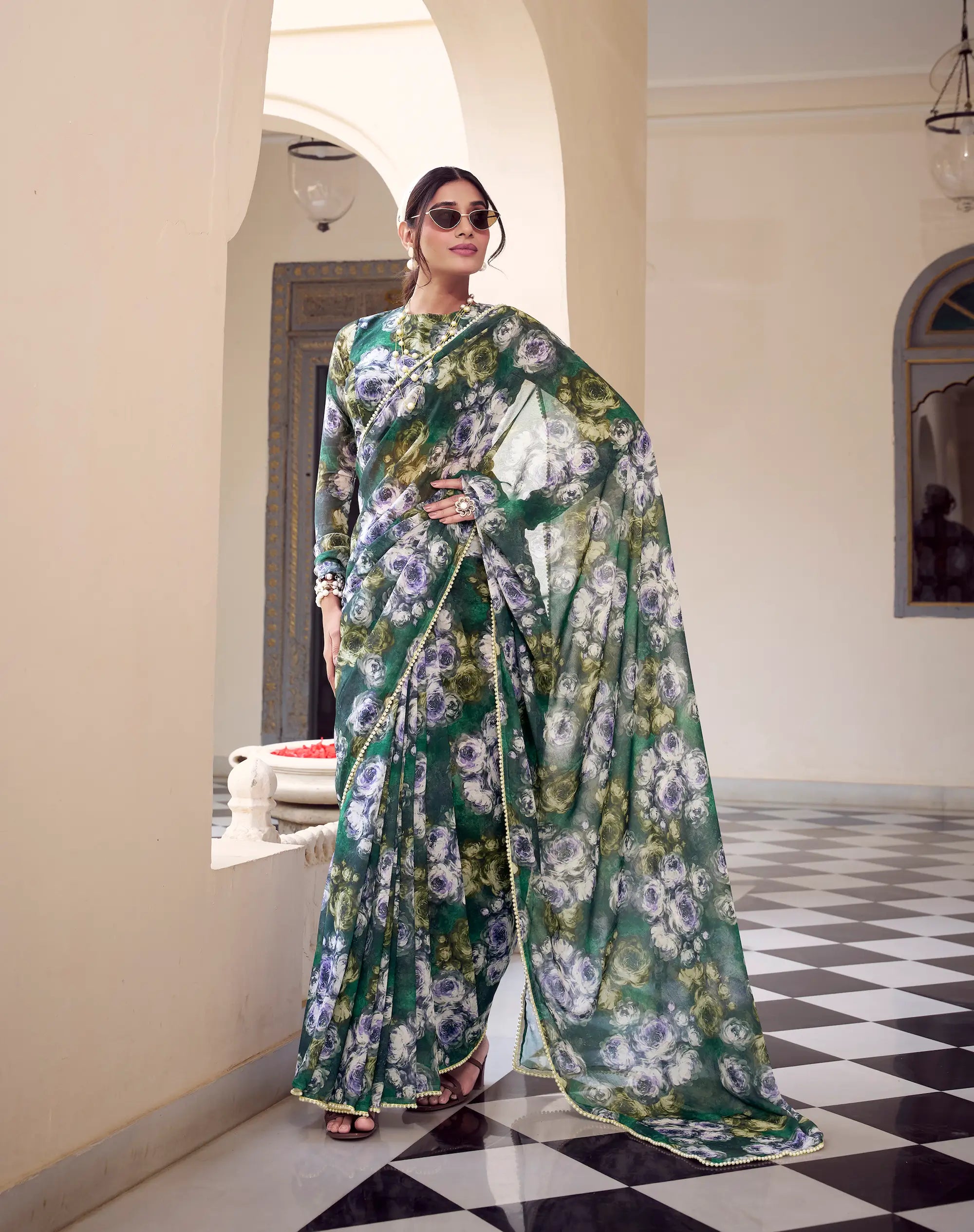 Green Weightless Marbal Saree With Pearl Lace Border & Floral Print - qivii