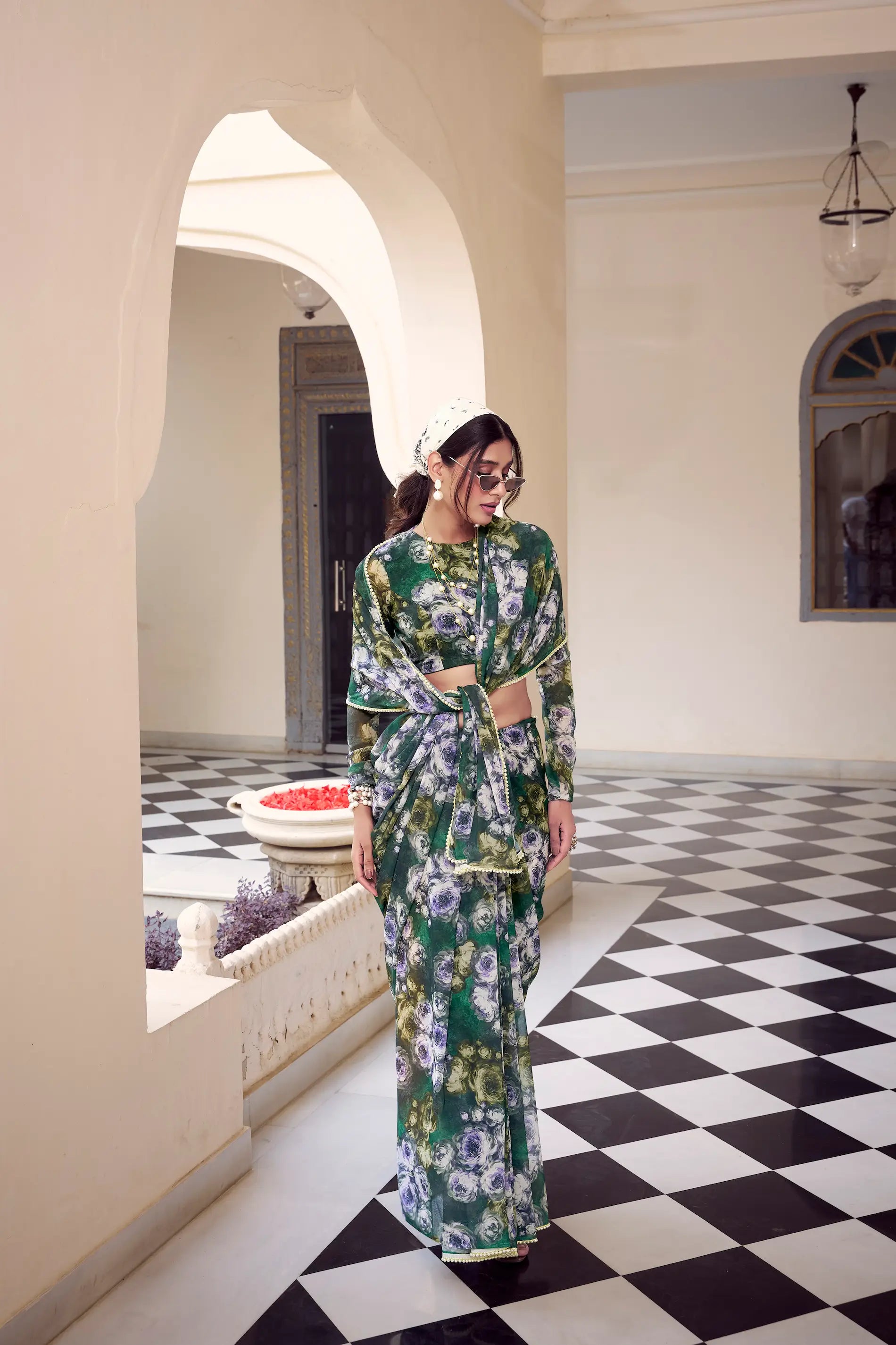 Green Weightless Marbal Saree With Pearl Lace Border & Floral Print