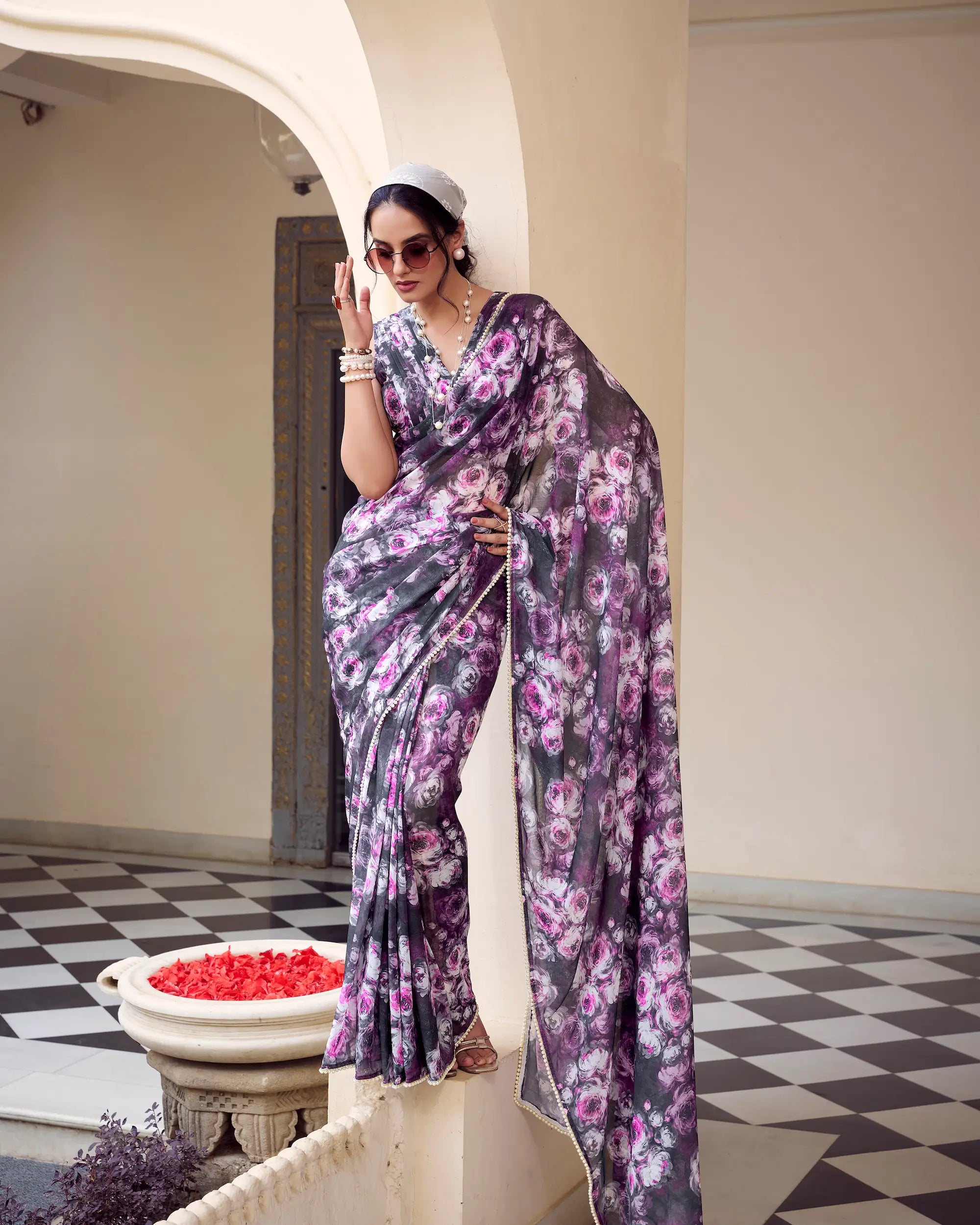 Grey Weightless Marbal Saree With Pearl Lace Border & Floral Print - qivii