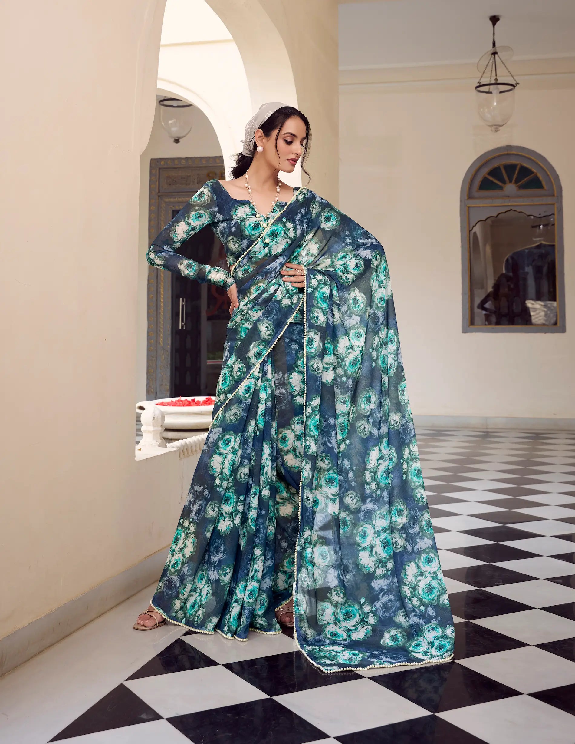 Navy Blue Weightless Marbal Saree With Pearl Lace Border & Floral Print - qivii