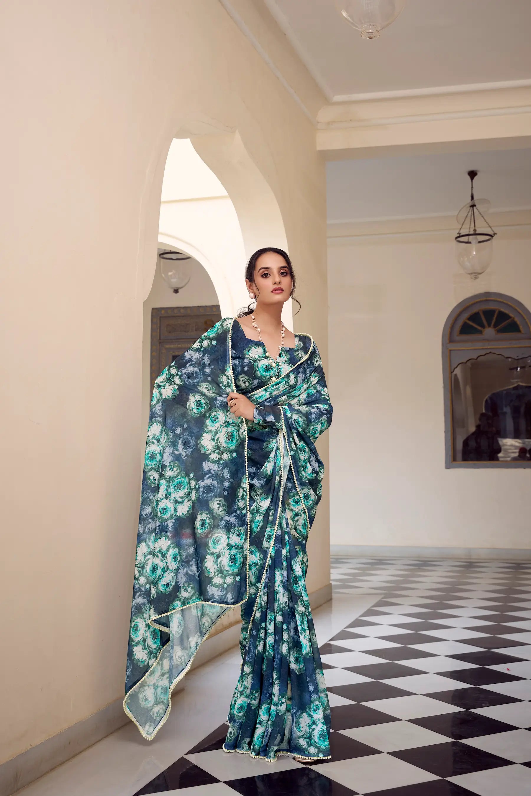 Navy Blue Weightless Marbal Saree With Pearl Lace Border & Floral Print
