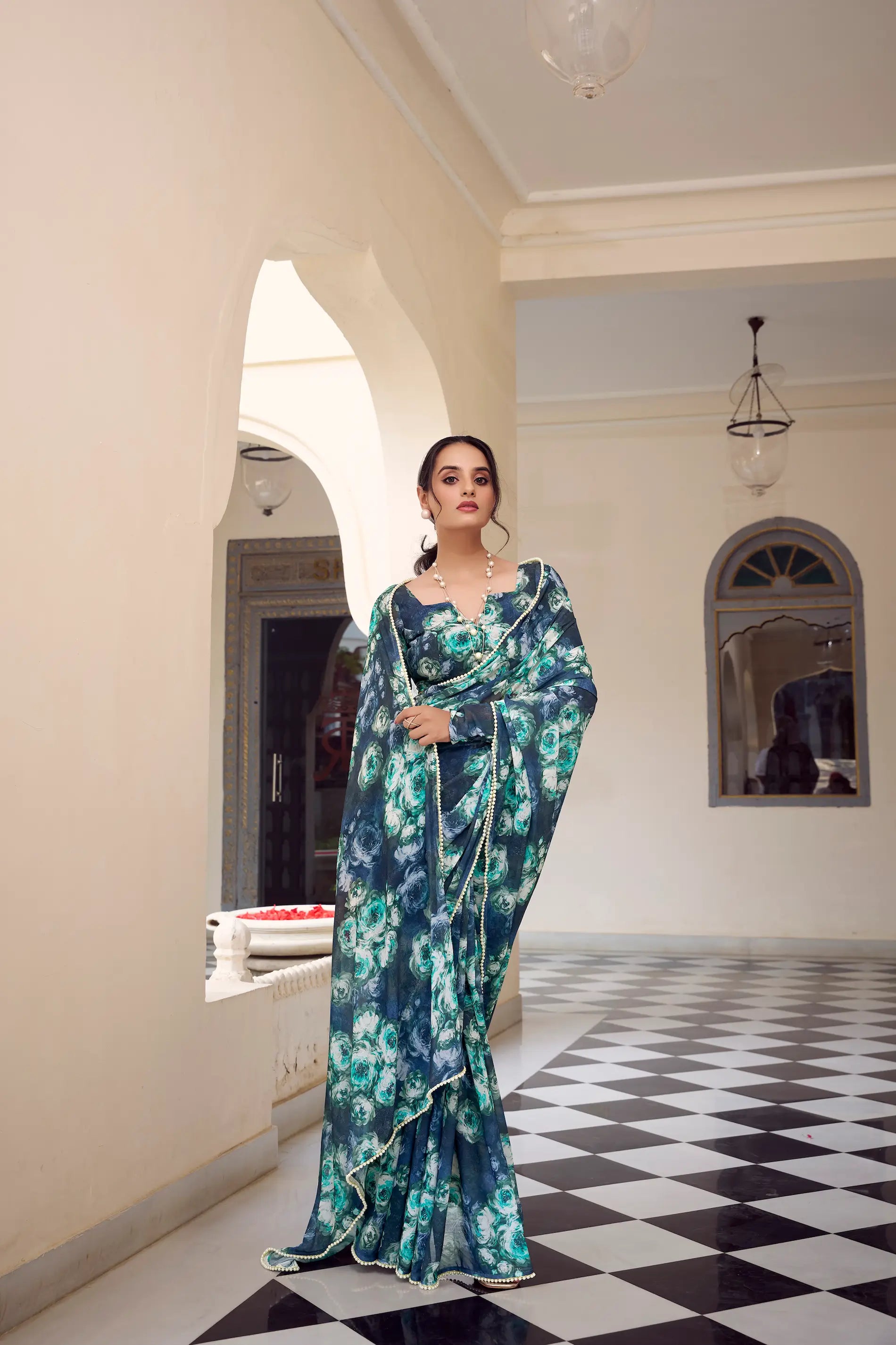 Navy Blue Weightless Marbal Saree With Pearl Lace Border & Floral Print