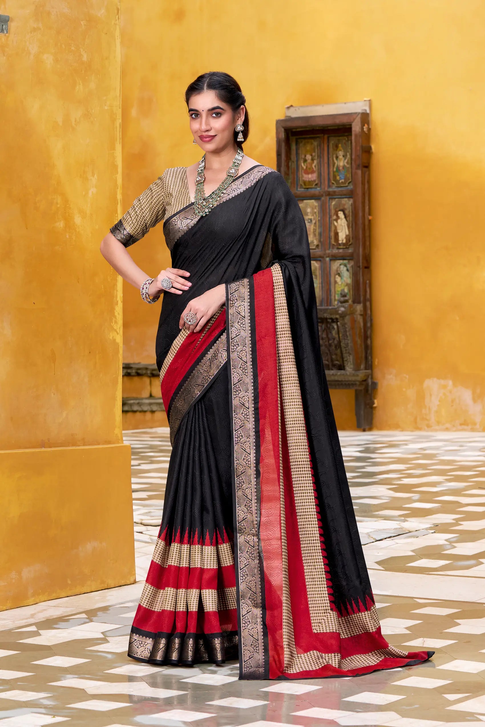 Black Poly Cotton Saree With Print & Zari Weaving Work - qivii