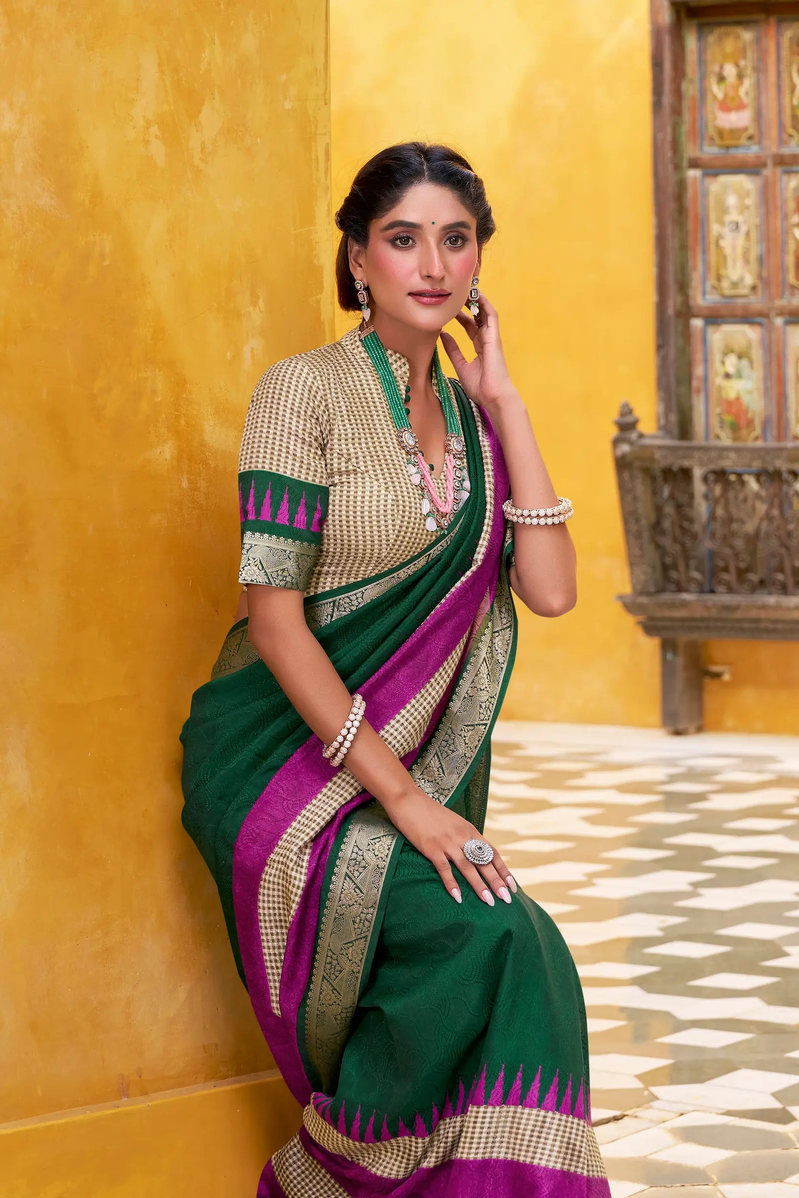 Green Poly Cotton Saree With Print & Zari Weaving Work - qivii