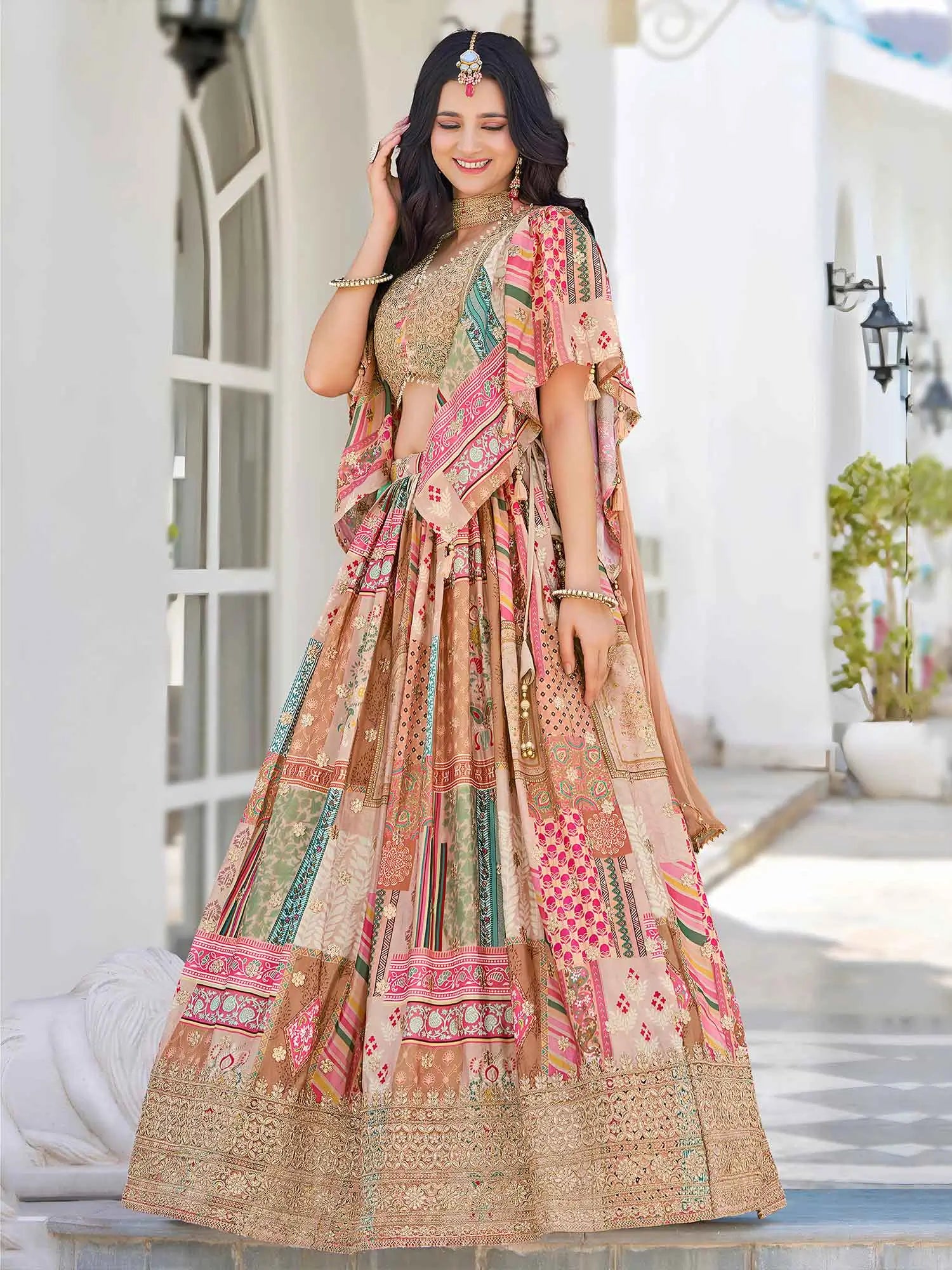 Beige Digital Print And Embroidery Work Lehenga With Stylish Blouse - qivii