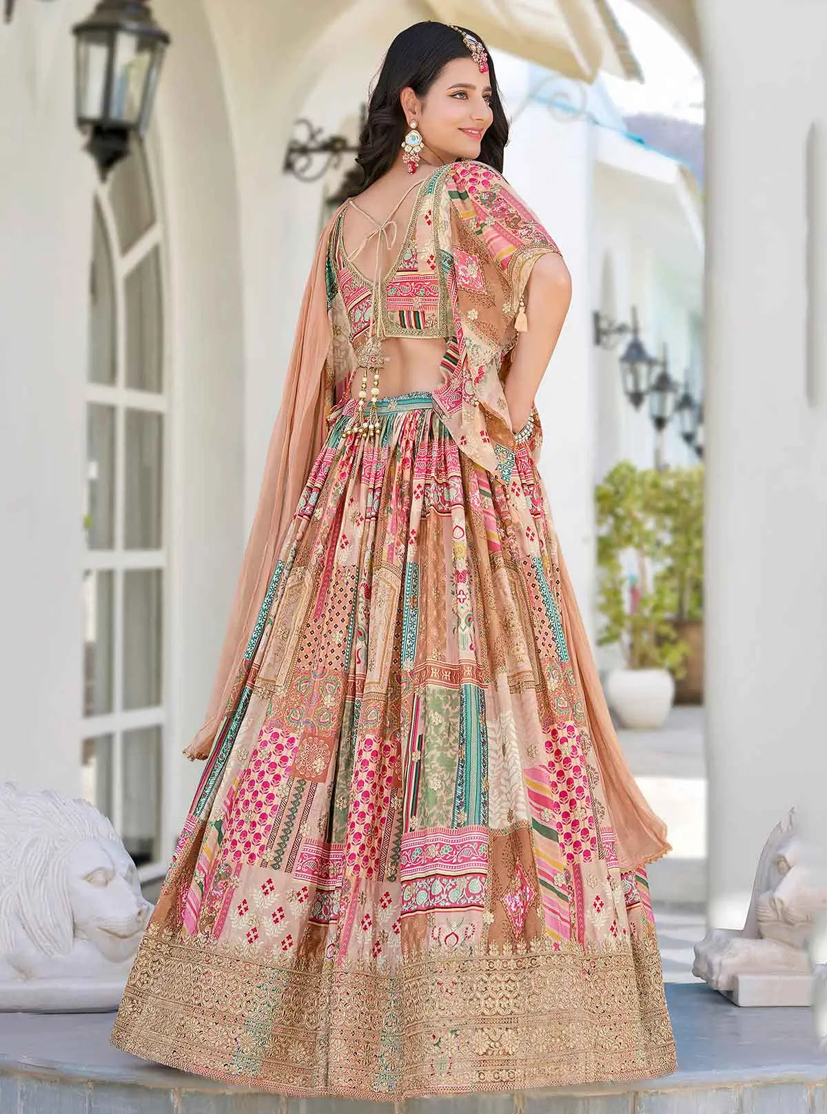 Beige Digital Print And Embroidery Work Lehenga With Stylish Blouse - qivii