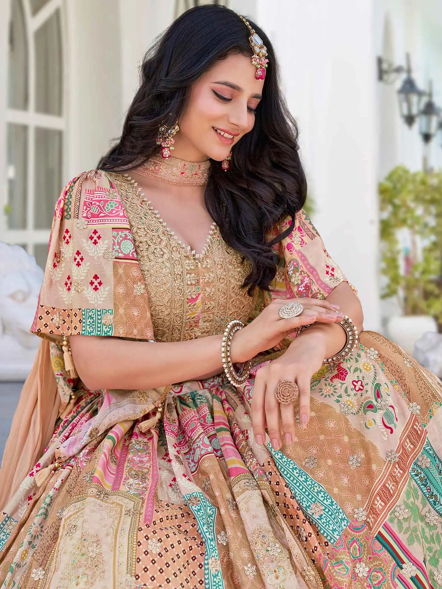 Beige Digital Print And Embroidery Work Lehenga With Stylish Blouse - qivii