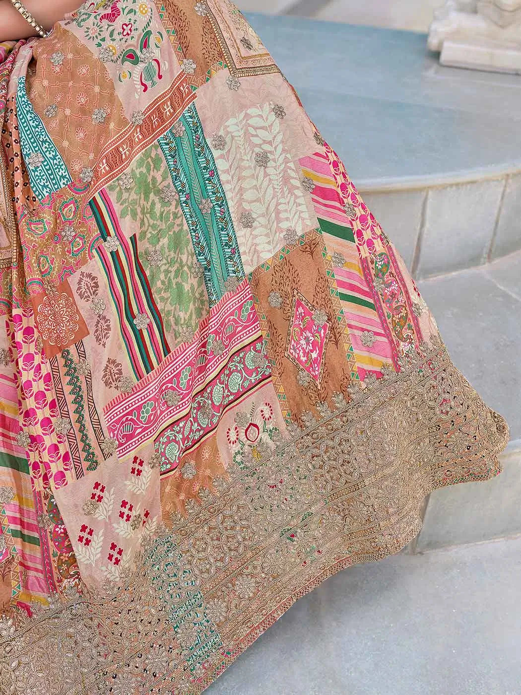 Beige Digital Print And Embroidery Work Lehenga With Stylish Blouse - qivii