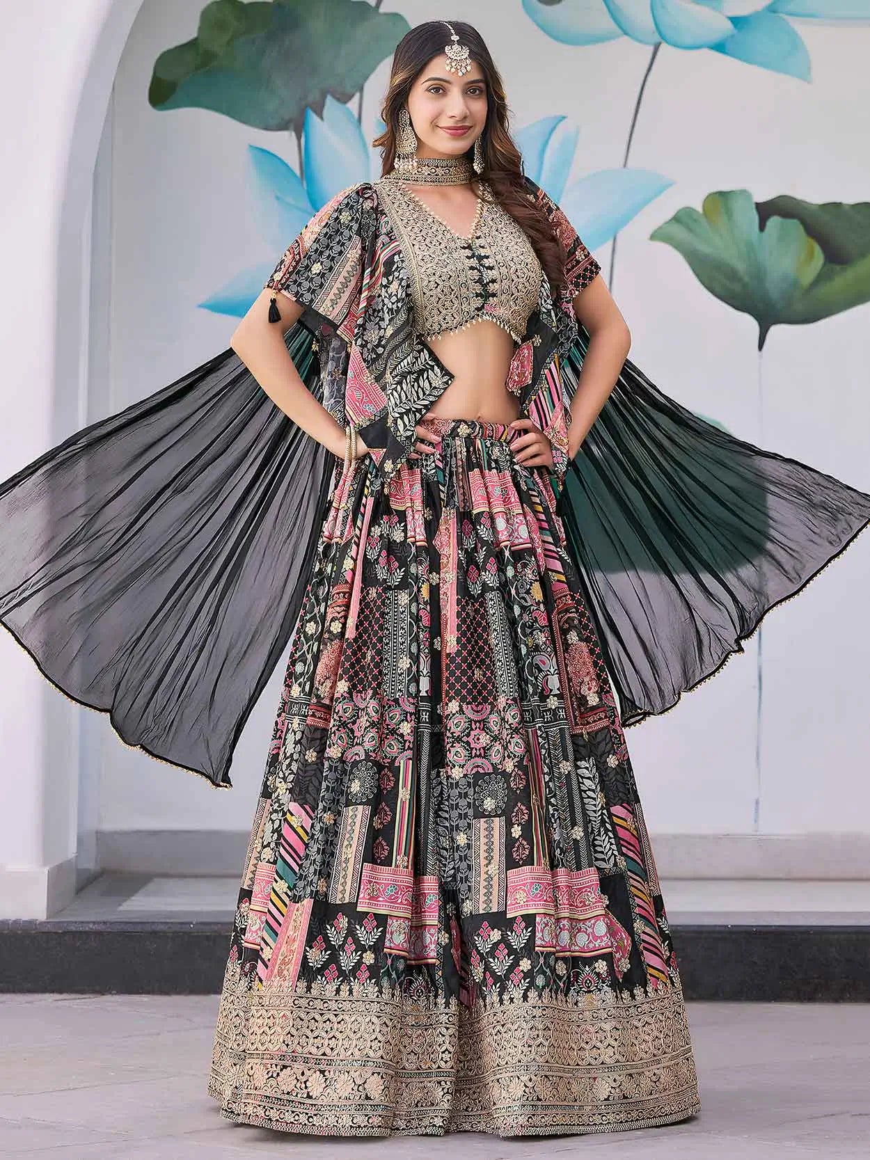 Black Digital Print And Embroidery Work Lehenga With Choker Style Dupatta - qivii