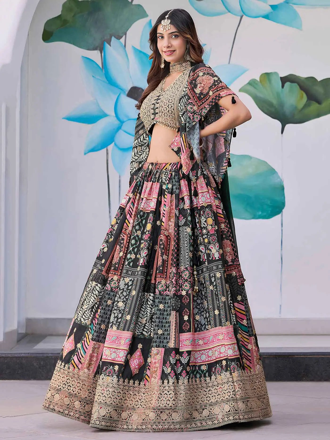 Black Digital Print And Embroidery Work Lehenga With Choker Style Dupatta - qivii