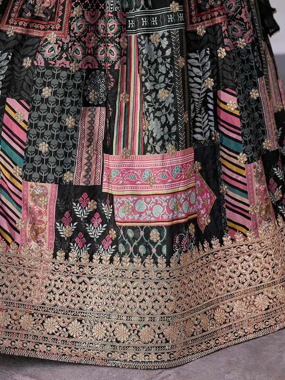 Black Digital Print And Embroidery Work Lehenga With Choker Style Dupatta - qivii