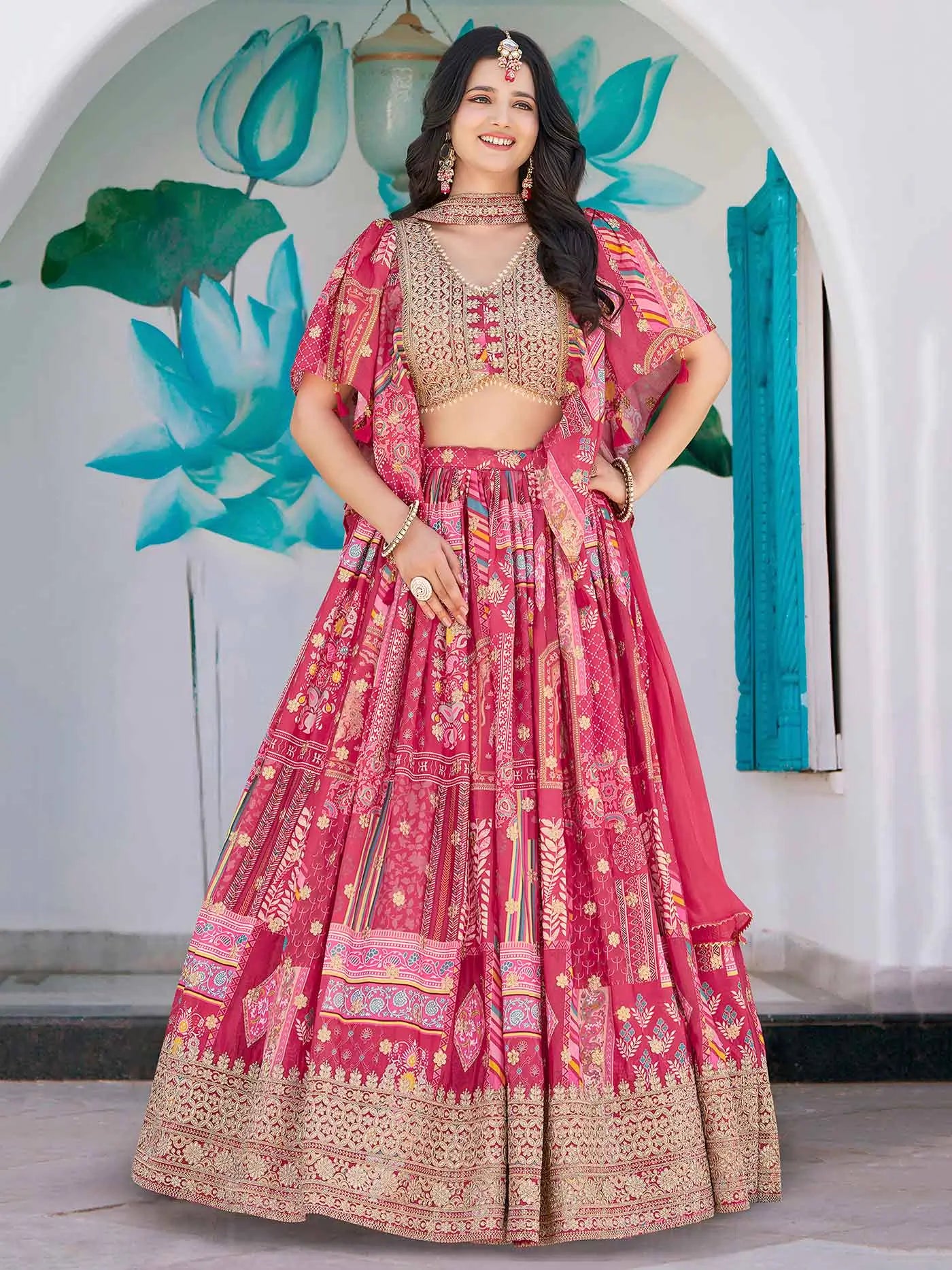 Pink Digital Print And Embroidery Work Silk Lehenga With Stylish Blouse - qivii