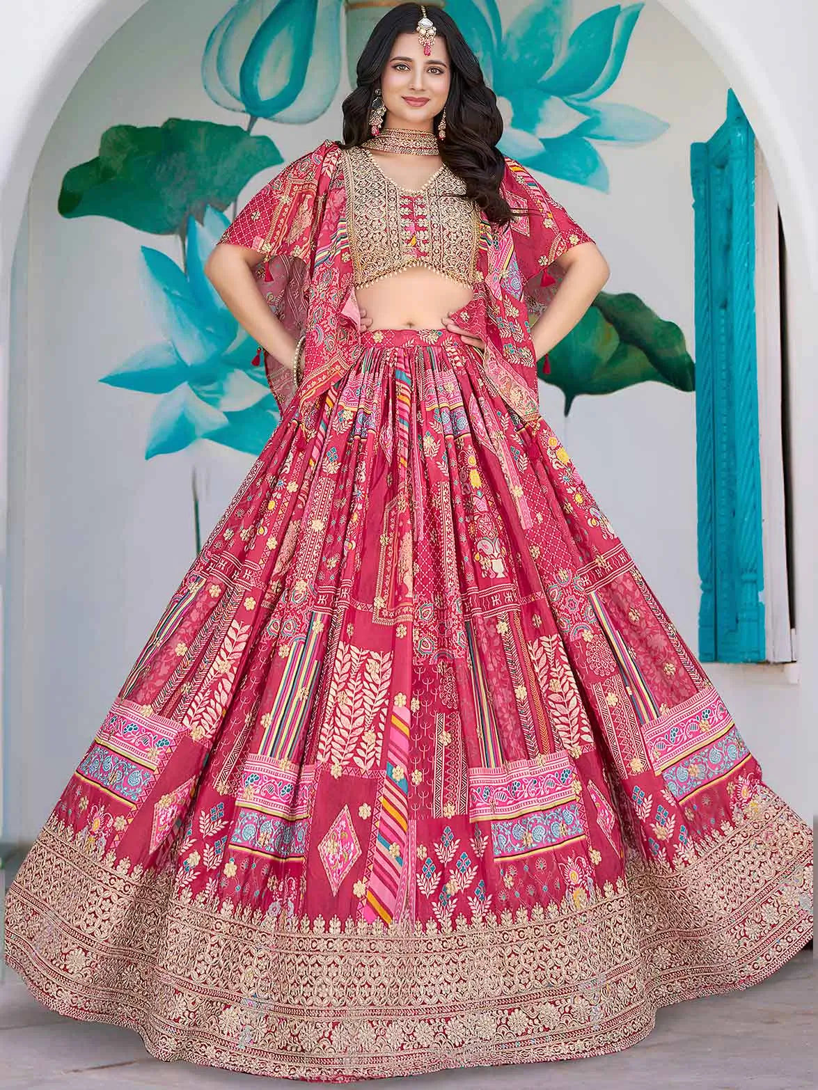Pink Digital Print And Embroidery Work Silk Lehenga With Stylish Blouse - qivii