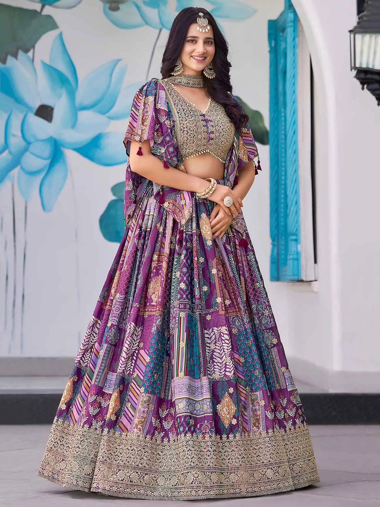 Purple Digital Print And Embroidery Work Lehenga With Choker Style Dupatta - qivii