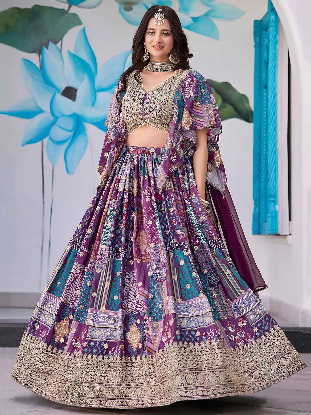 Purple Digital Print And Embroidery Work Lehenga With Choker Style Dupatta - qivii
